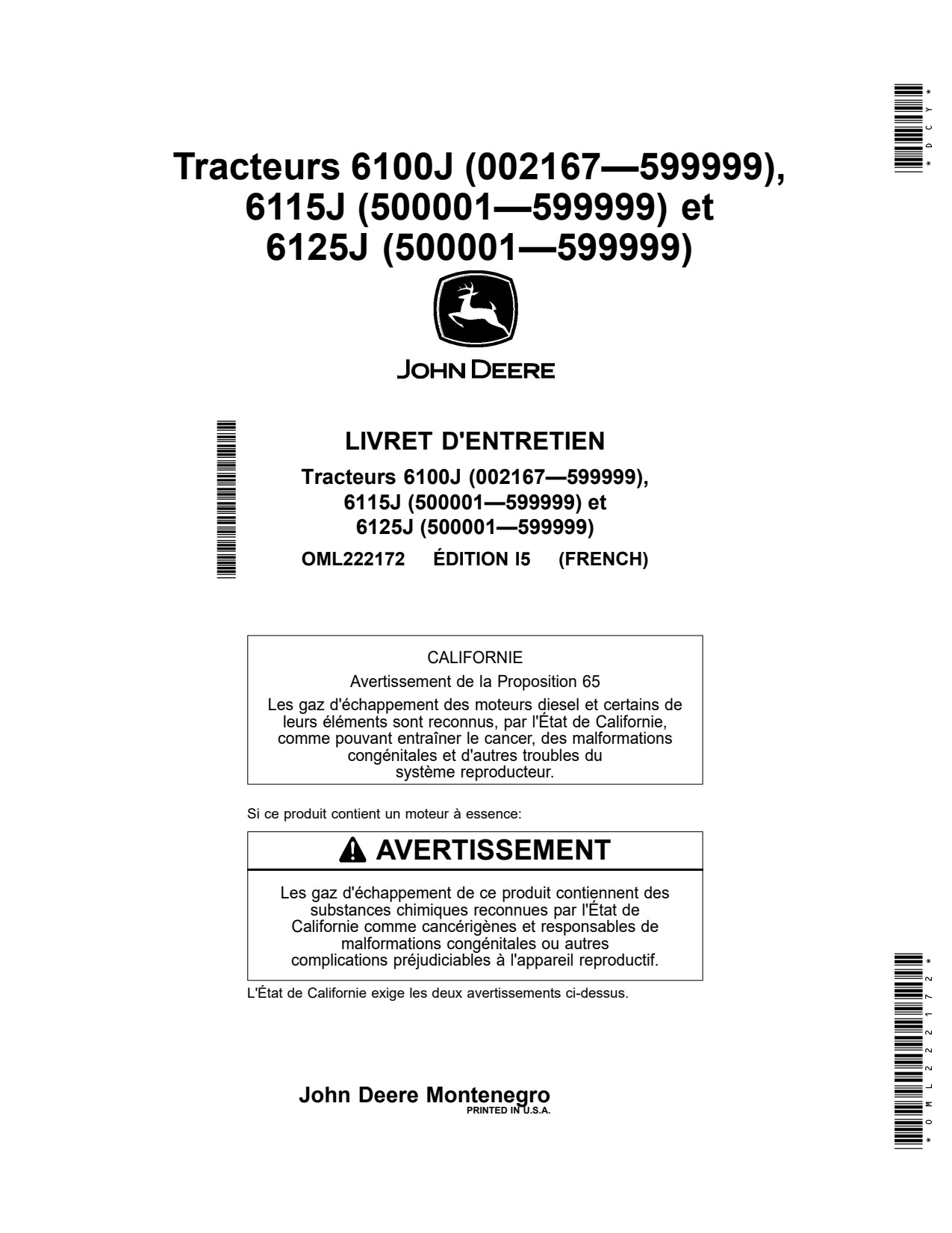 John Deere 6100J 6115J 6125J Tractor Operator Manual OML222172 FR 1 John Deere 6100J 6115J 6125J Tractor Operator Manual OML222172 FR