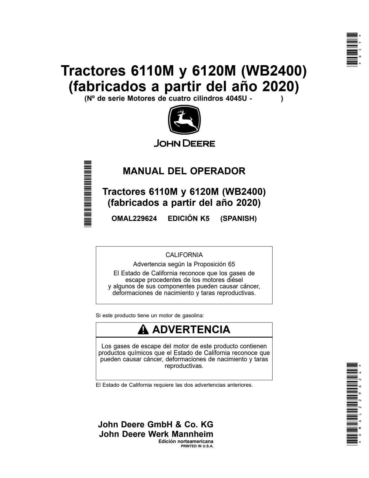 John Deere 6100M 6110M 6120M WB2400 4045U Tractor Operator Manual OMAL229624 ES 1 John Deere 6100M 6110M 6120M WB2400 4045U Tractor Operator Manual OMAL229624 ES