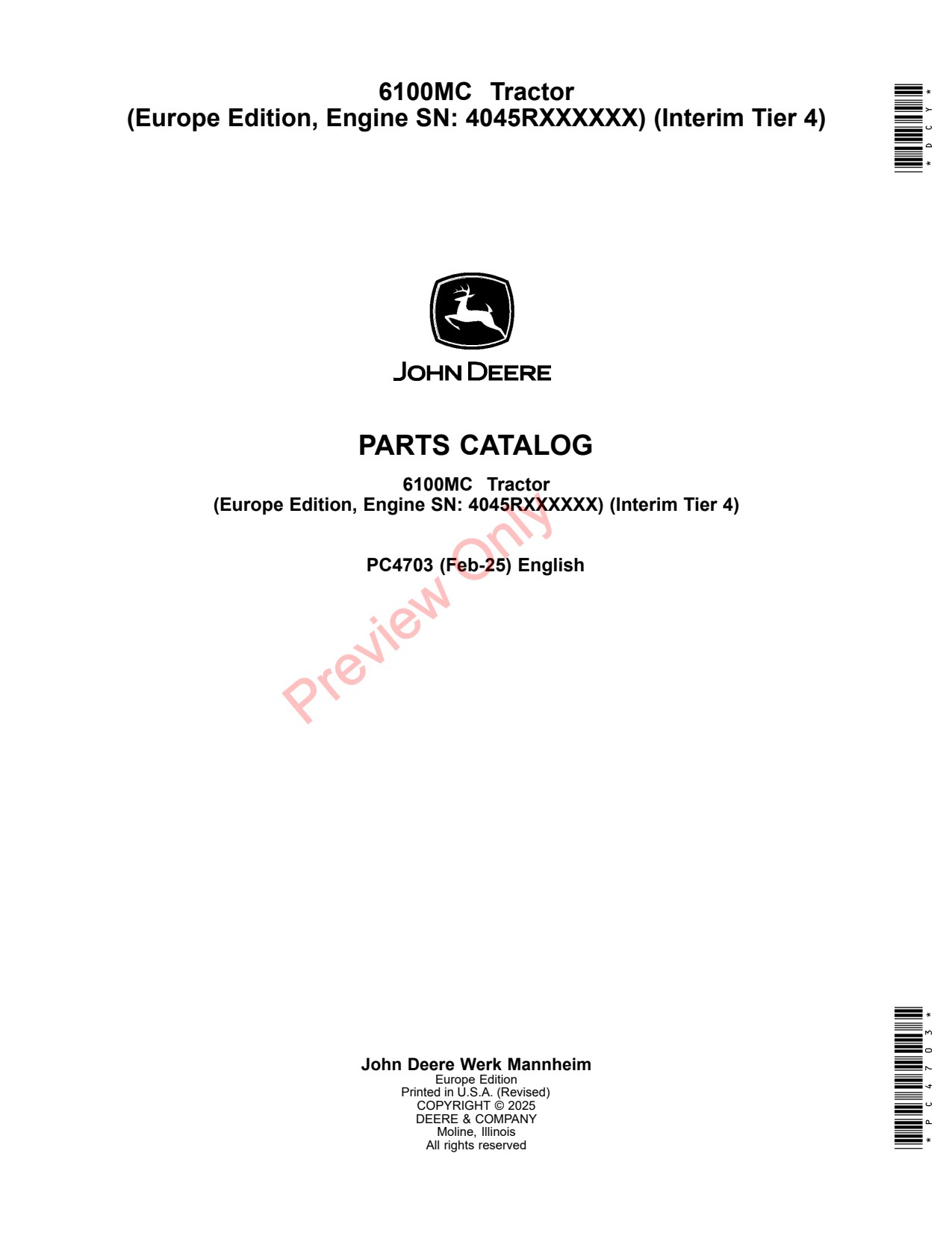 John Deere 6100MC Tractor Parts Catalog PC4703 1 John Deere 6100MC Tractor Parts Catalog PC4703