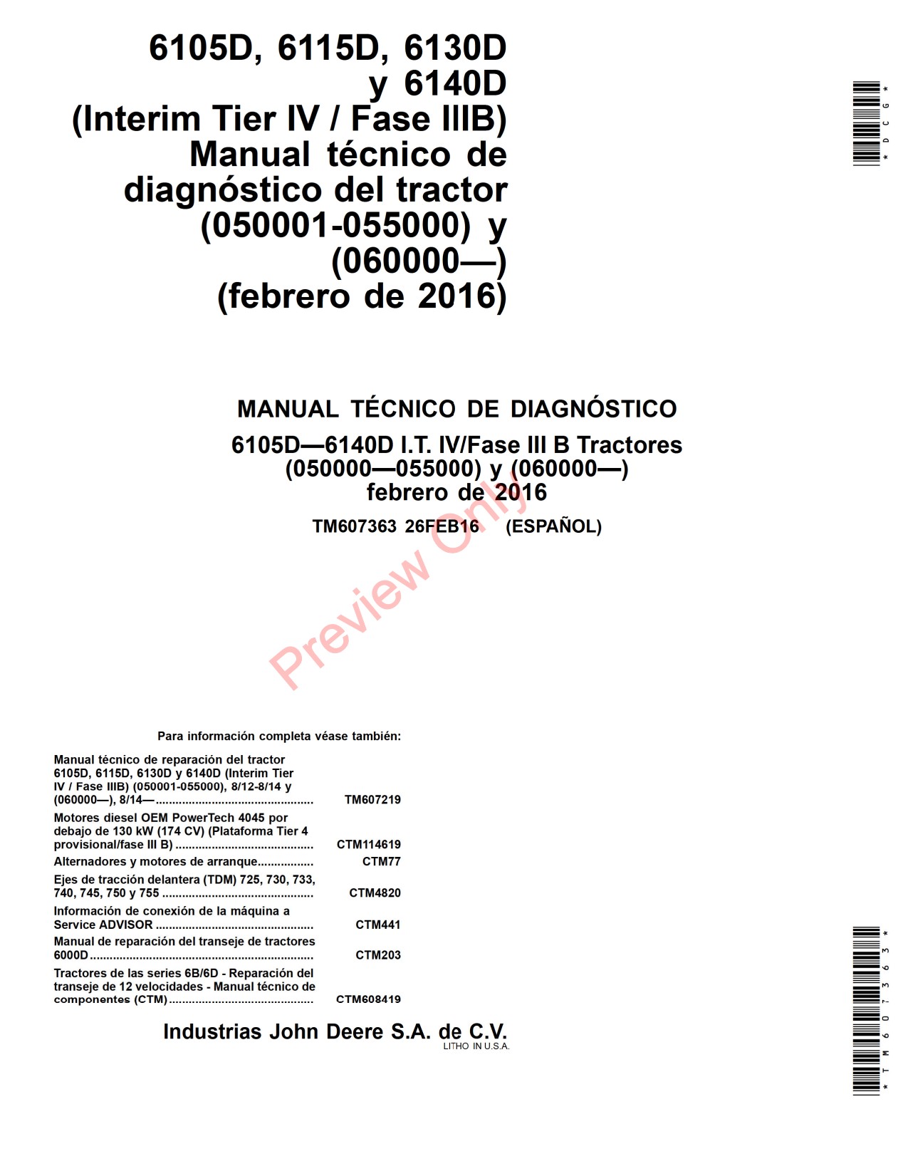 John Deere 6105D 6115D 6130D 6140D Tractor Technical Manual TM607363 ES 1 John Deere 6105D 6115D 6130D 6140D Tractor Technical Manual TM607363 ES