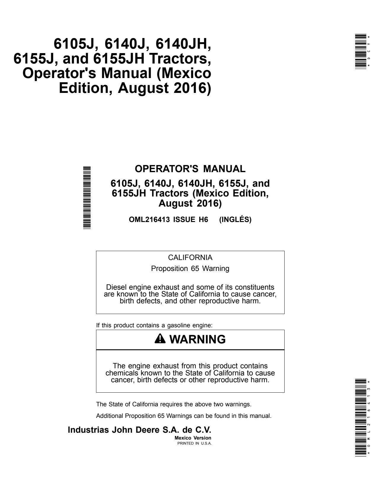 John Deere 6105J 6140J 6140JH 6155J 6155JH Tractor Operator Manual OML216413 1 John Deere 6105J 6140J 6140JH 6155J 6155JH Tractor Operator Manual OML216413
