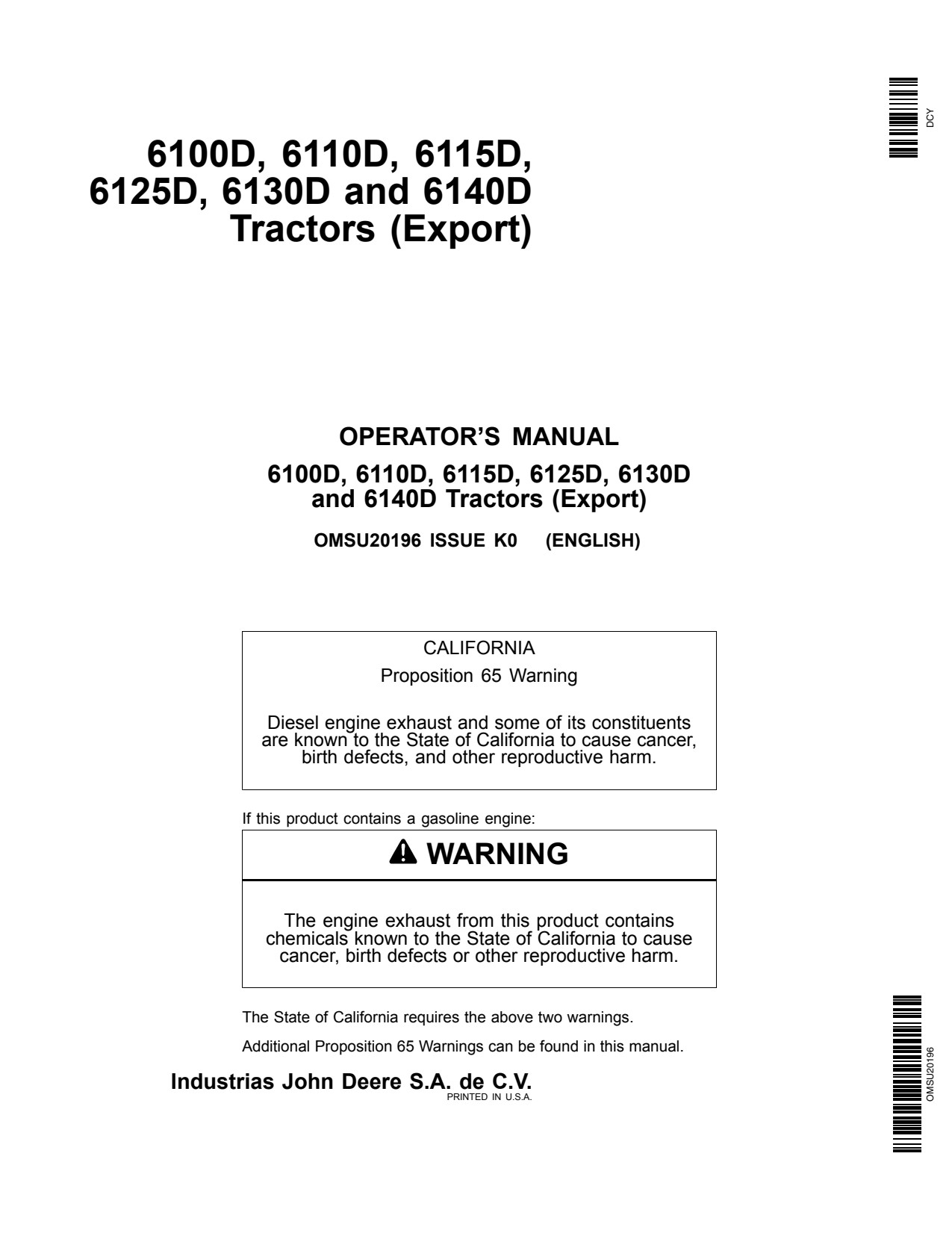 John Deere 6110D 6115D 6125D 6130D 6140D 6100D Tractor Operator Manual OMSU20196 1 John Deere 6110D 6115D 6125D 6130D 6140D 6100D Tractor Operator Manual OMSU20196