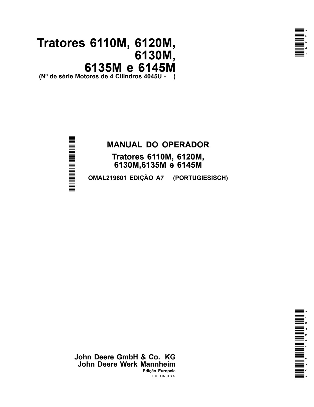 John Deere 6110M 6120M 6130M 6135M 6145M 4045U Tractor Operator Manual OMAL219601 PT 1 John Deere 6110M 6120M 6130M 6135M 6145M 4045U Tractor Operator Manual OMAL219601 PT