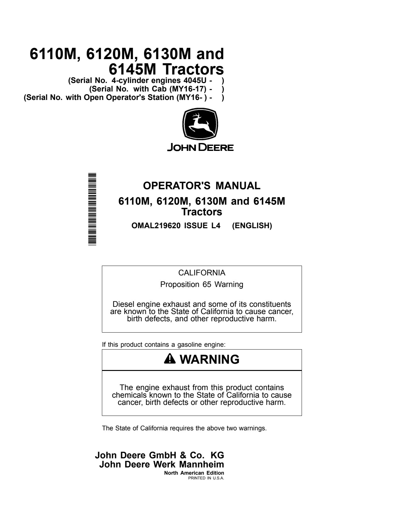 John Deere 6110M 6120M 6130M 6145M 4045U MY2016 MY2017 Tractor Operator Manual OMAL219620 1 John Deere 6110M 6120M 6130M 6145M 4045U MY2016 MY2017 Tractor Operator Manual OMAL219620