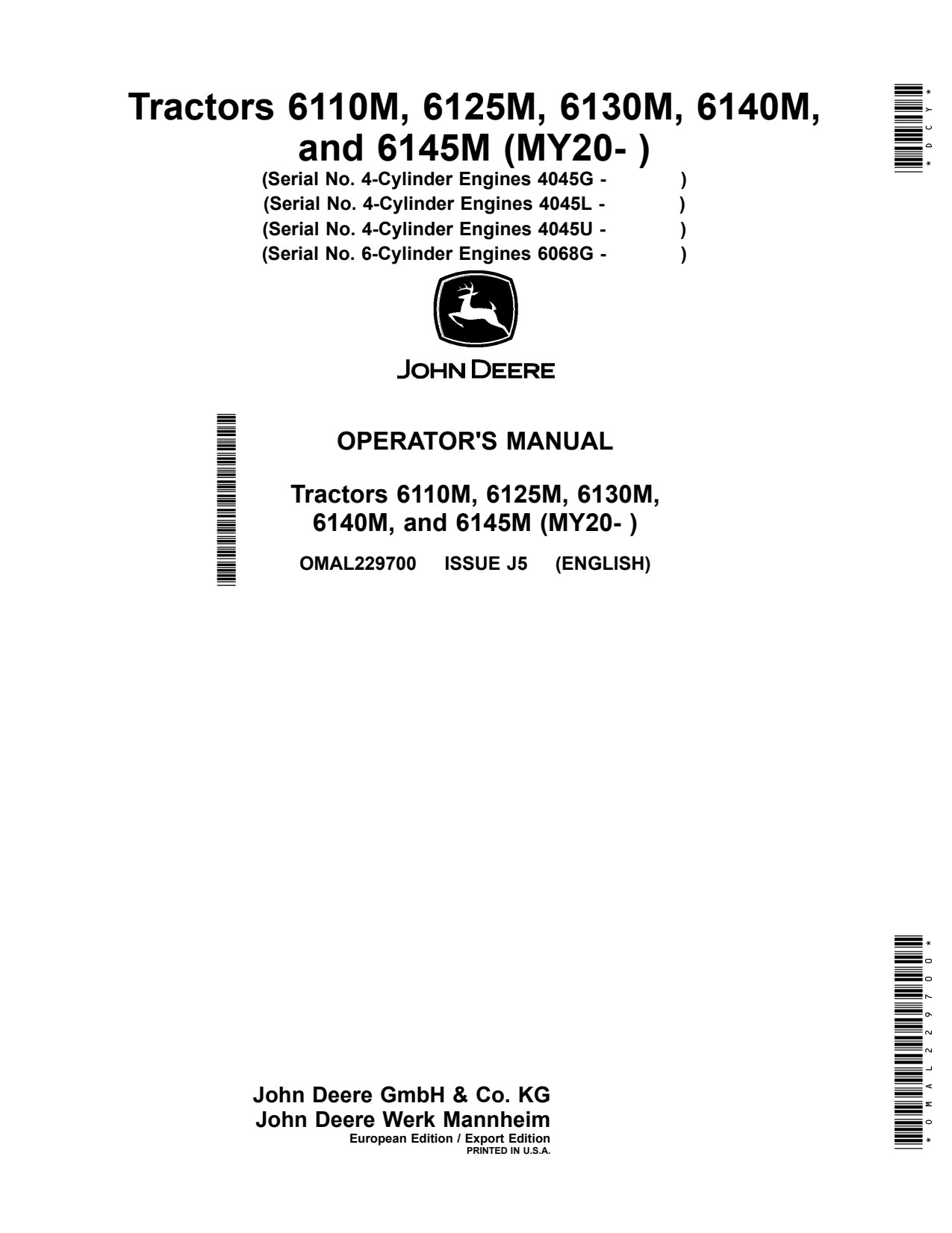 John Deere 6110M 6125M 6130M 6140M 6145M MY20 Tractor Operator Manual OMAL229700 1 John Deere 6110M 6125M 6130M 6140M 6145M MY20 Tractor Operator Manual OMAL229700