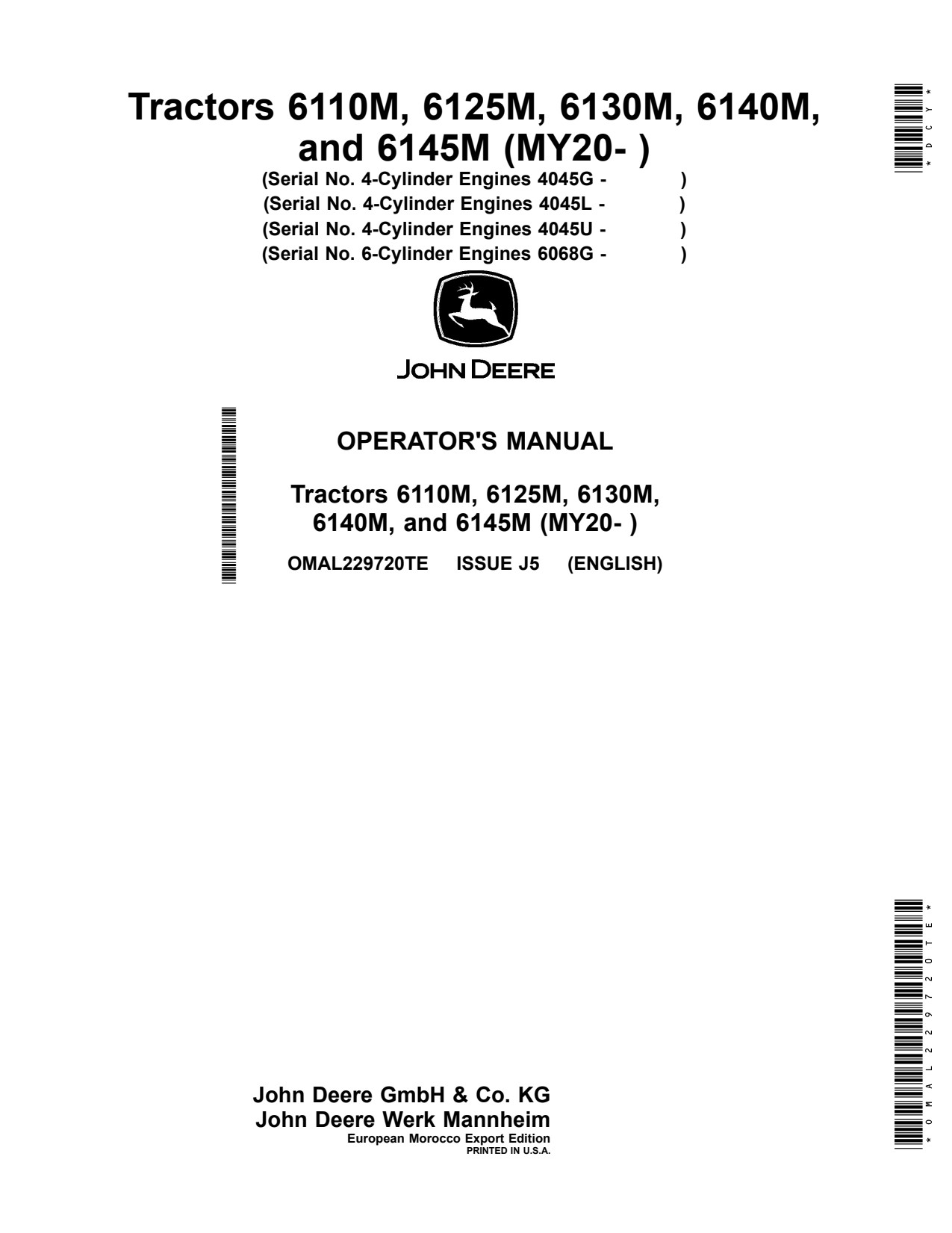 John Deere 6110M 6125M 6130M 6140M 6145M MY20 Tractor Operator Manual OMAL229720TE 1 John Deere 6110M 6125M 6130M 6140M 6145M MY20 Tractor Operator Manual OMAL229720TE