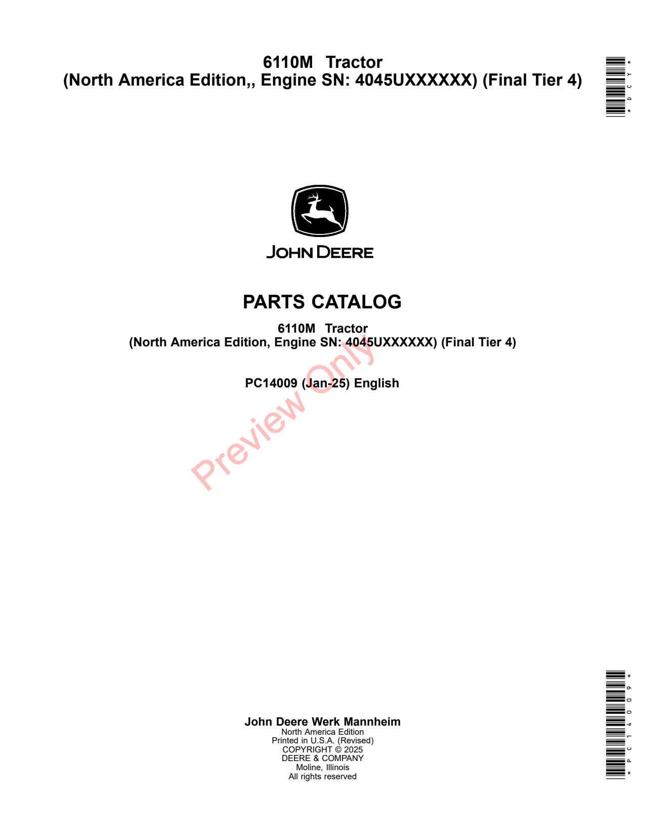 John Deere 6110M Tractor Parts Catalog PC14009 1 John Deere 6110M Tractor Parts Catalog PC14009