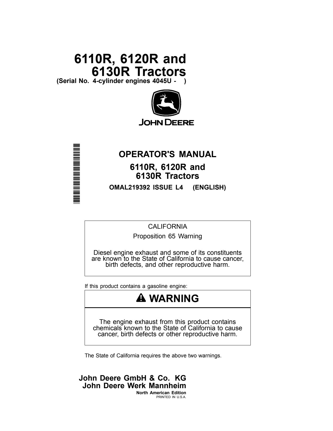 John Deere 6110R 6120R 6130R 4045U Tractor Operator Manual OMAL219392 1 John Deere 6110R 6120R 6130R 4045U Tractor Operator Manual OMAL219392