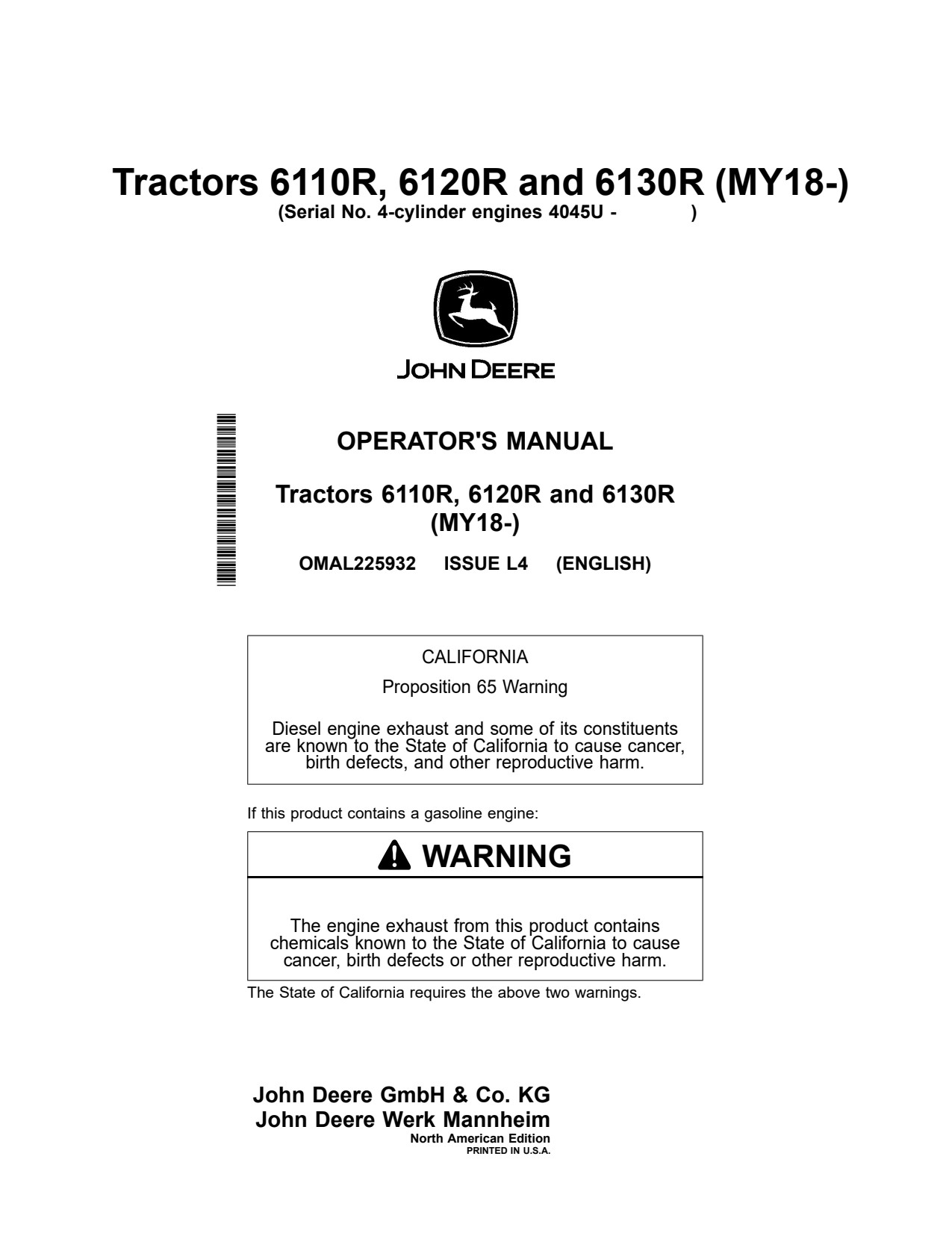 John Deere 6110R 6120R 6130R MY2018 4045U Tractor Operator Manual OMAL225932 1 John Deere 6110R 6120R 6130R MY2018 4045U Tractor Operator Manual OMAL225932
