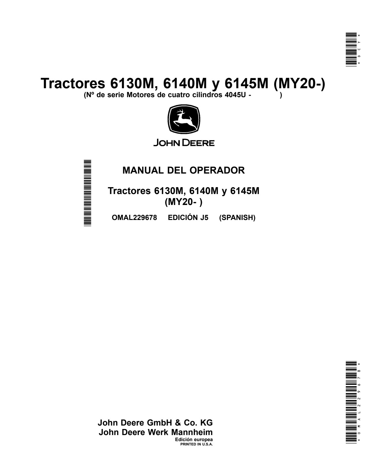 John Deere 6130M 6140M 6145M MY20 Tractor Operator Manual OMAL229678 ES 1 John Deere 6130M 6140M 6145M MY20 Tractor Operator Manual OMAL229678 ES