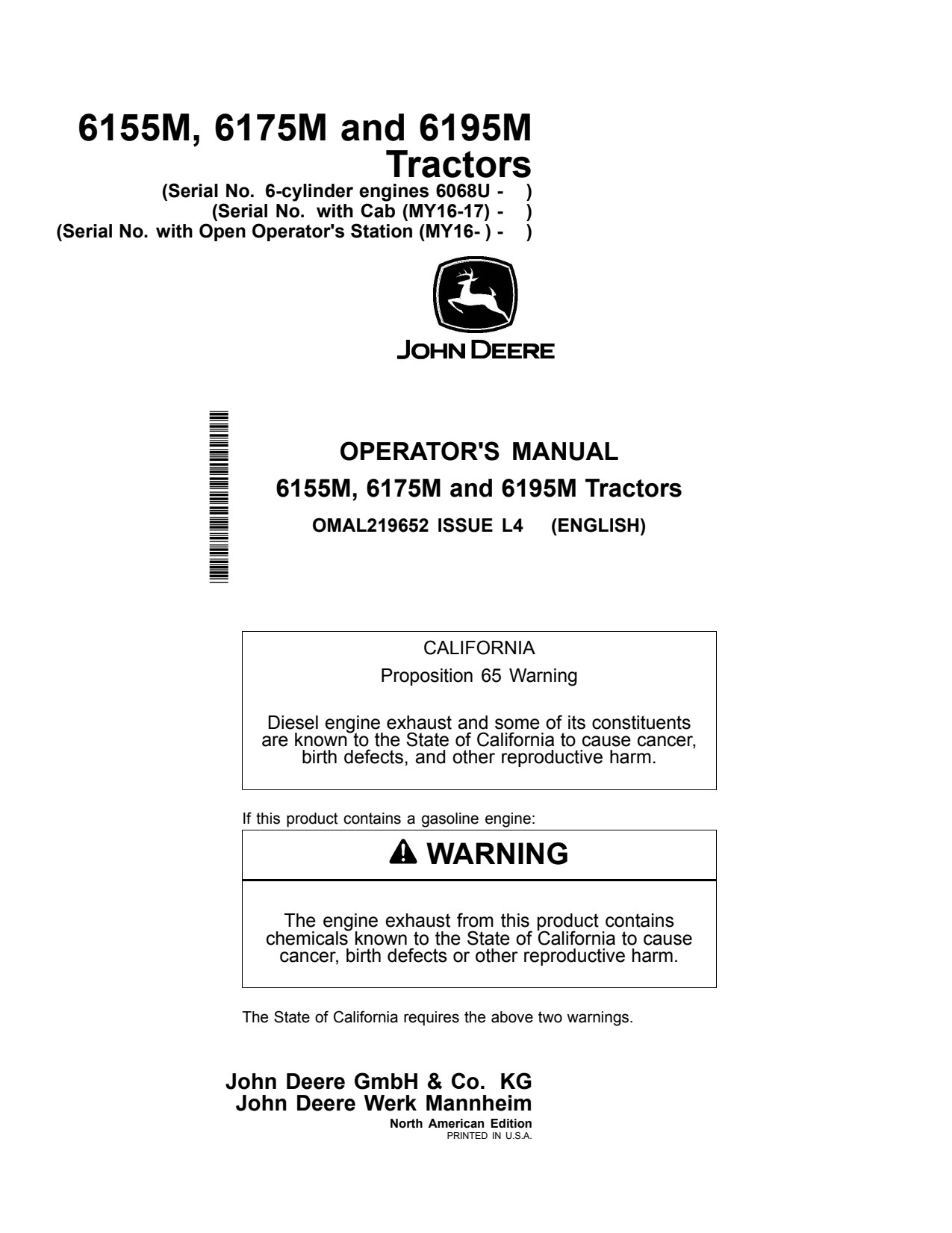 John Deere 6155M 6175M 6195M MY2016 MY2017 6068U Three-part Front Axle Operator Manual OMAL219652 1 John Deere 6155M 6175M 6195M MY2016 MY2017 6068U Three-part Front Axle Operator Manual OMAL219652
