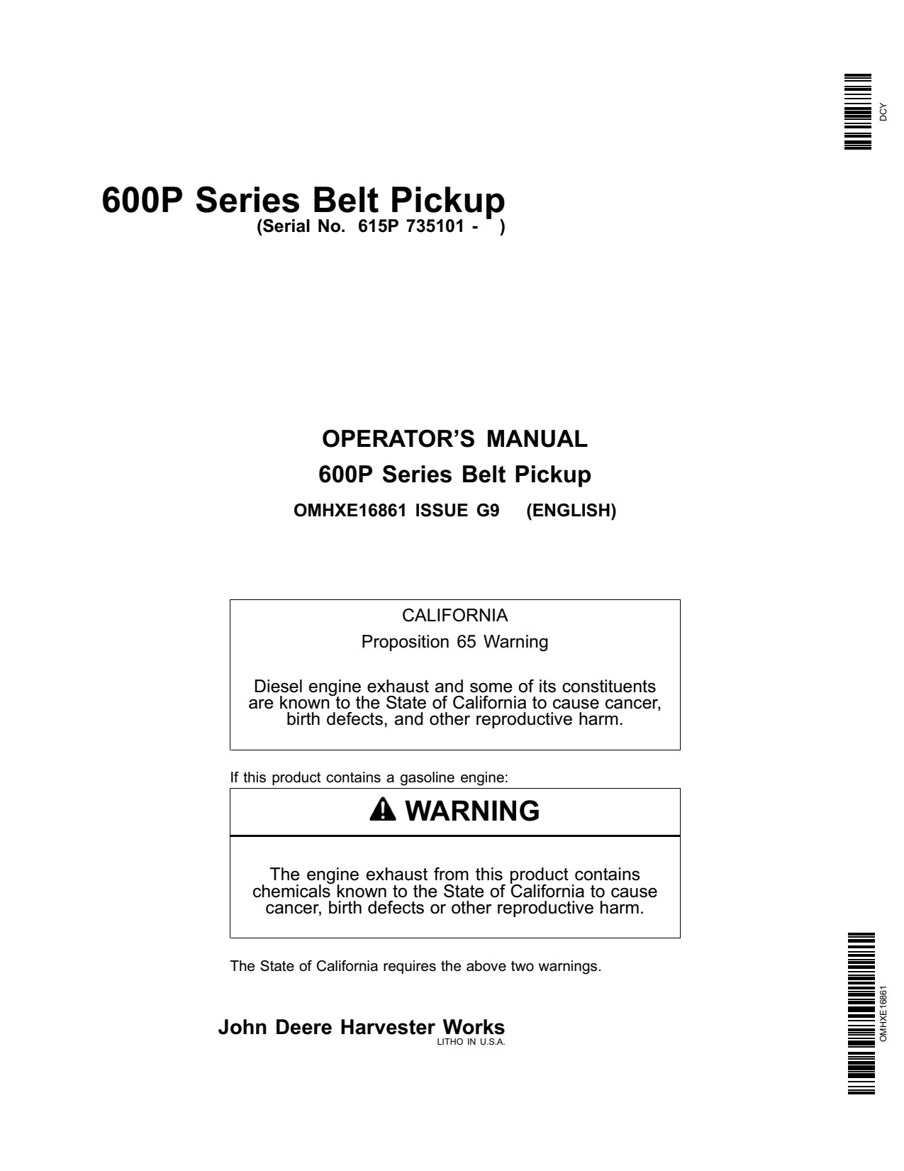 John Deere 615P 600P Belt Pickup Operator Manual OMHXE16861 1 John Deere 615P 600P Belt Pickup Operator Manual OMHXE16861