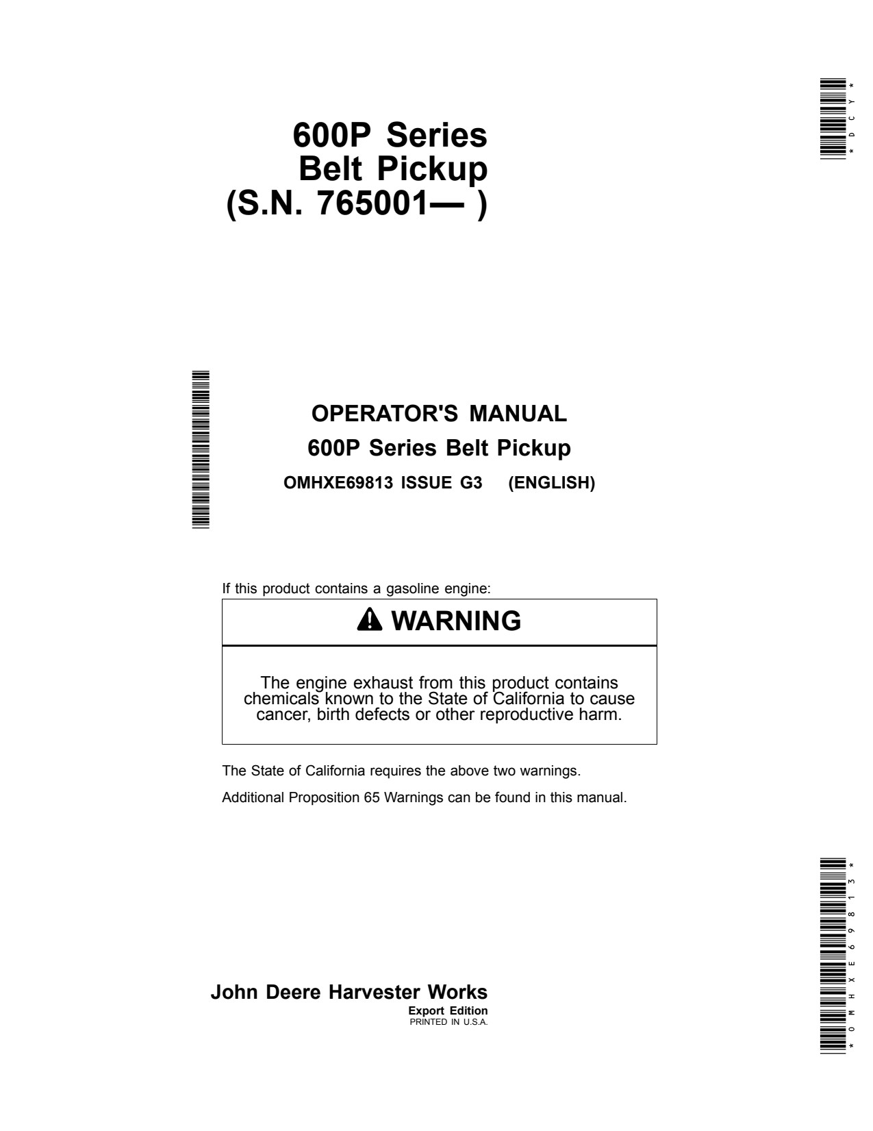 John Deere 615P 600P Belt Pickup Operator Manual OMHXE69813 1 John Deere 615P 600P Belt Pickup Operator Manual OMHXE69813
