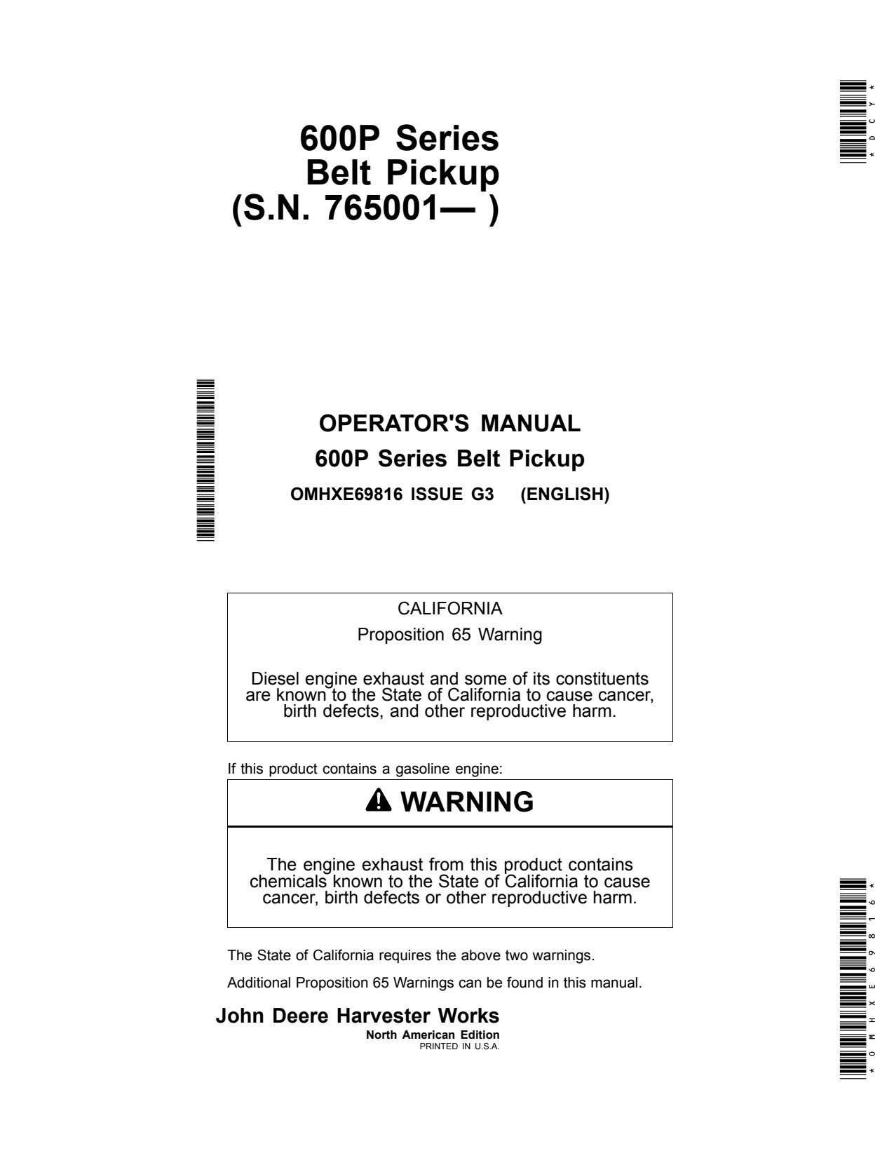 John Deere 615P 600P Belt Pickup Operator Manual OMHXE69816 1 John Deere 615P 600P Belt Pickup Operator Manual OMHXE69816