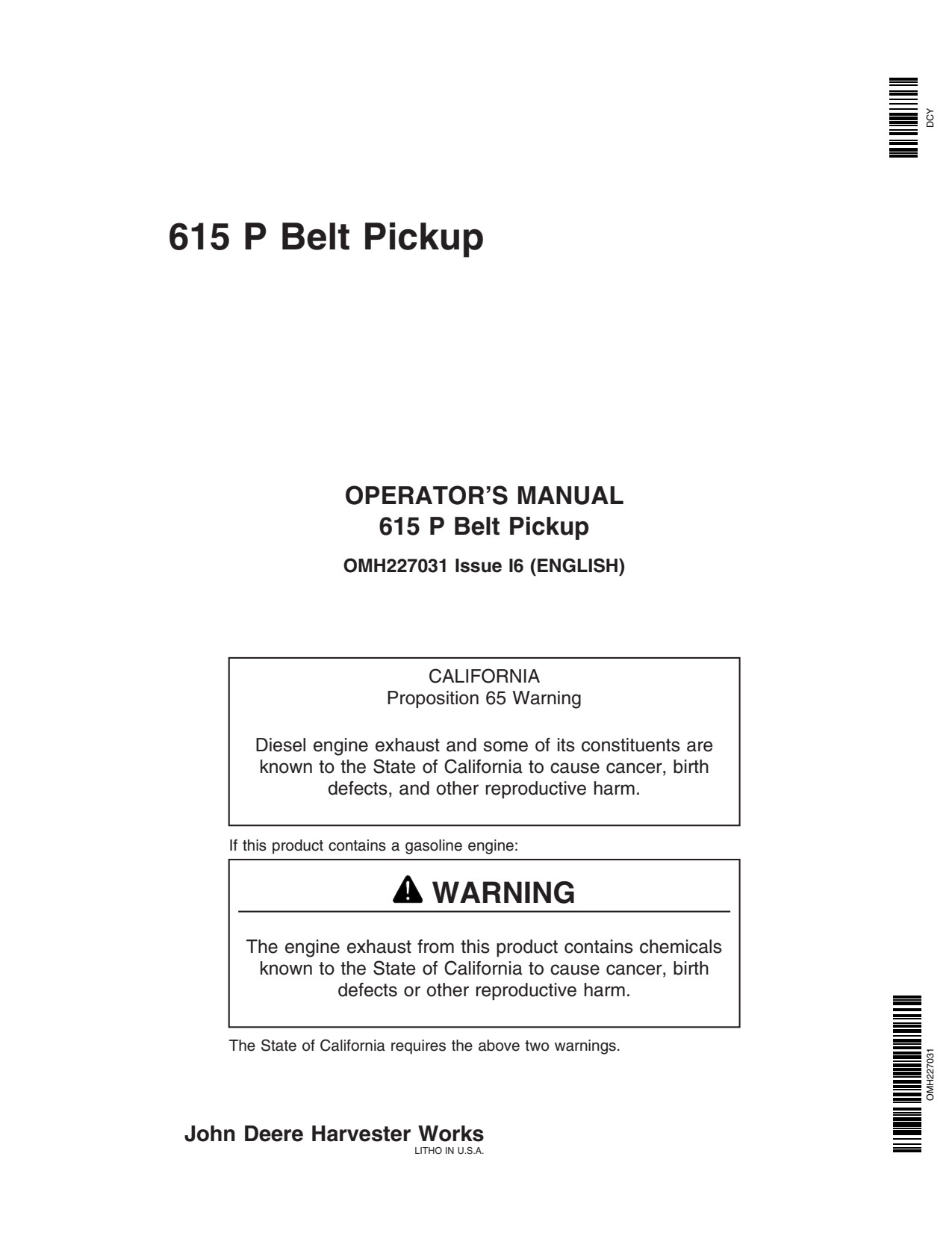 John Deere 615P Belt Pickup Operator Manual OMH227031 1 John Deere 615P Belt Pickup Operator Manual OMH227031