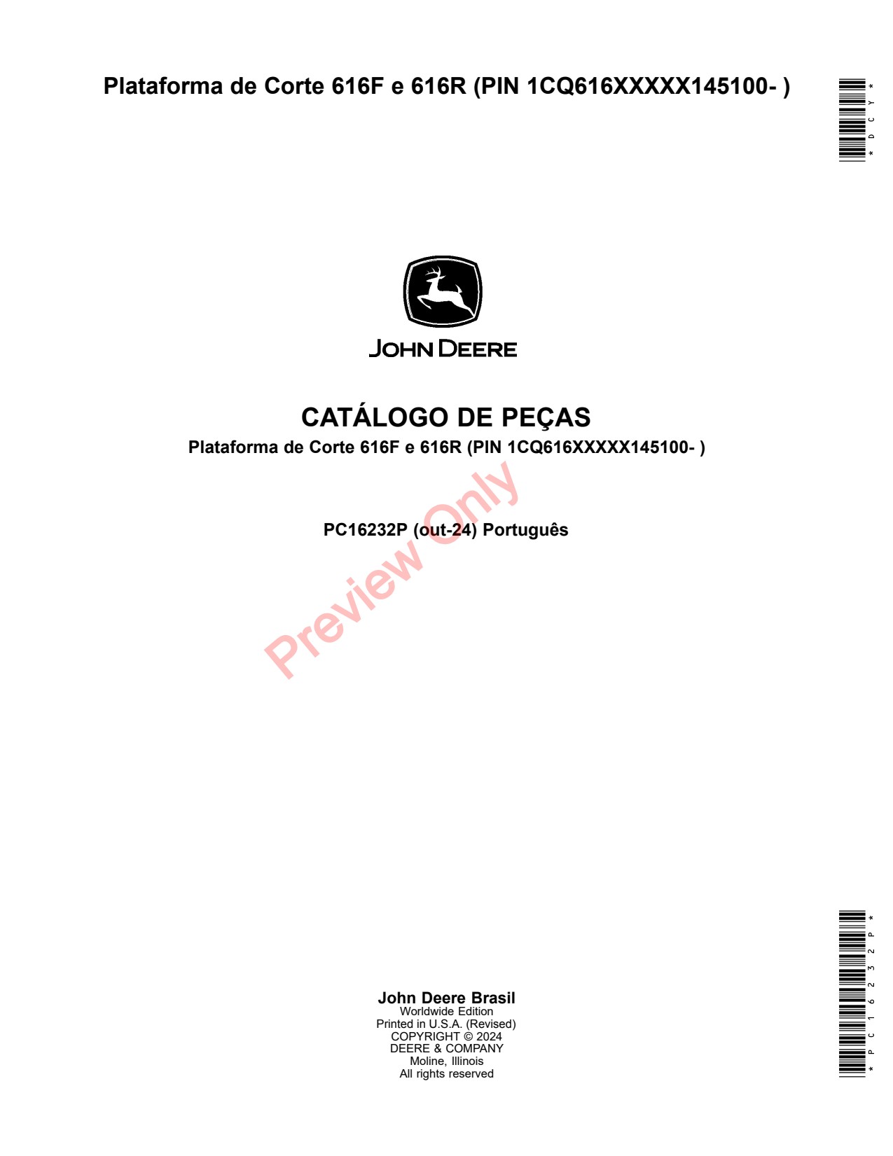 John Deere 616F 616R Header Platform Parts Catalog PC16232P PT 1 John Deere 616F 616R Header Platform Parts Catalog PC16232P PT