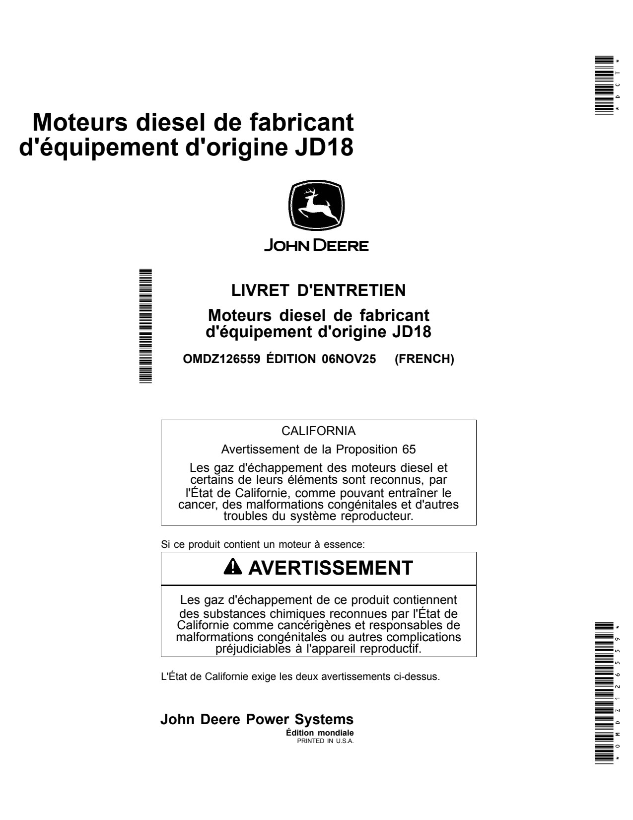 John Deere 6180 JD18 OEM Diesel Engine Operator Manual OMDZ126559 FR 1 John Deere 6180 JD18 OEM Diesel Engine Operator Manual OMDZ126559 FR