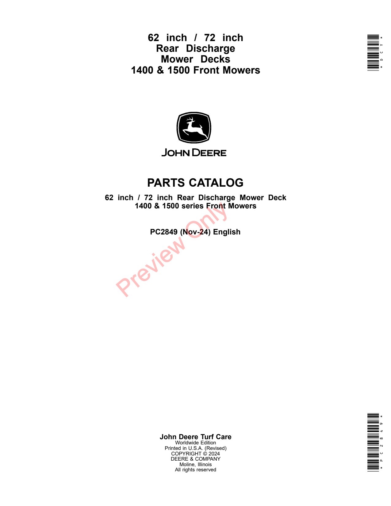 John Deere 62 inch 72 1400 1500 Rear Discharge Mower Parts Catalog PC2849 1 John Deere 62 inch 72 1400 1500 Rear Discharge Mower Parts Catalog PC2849