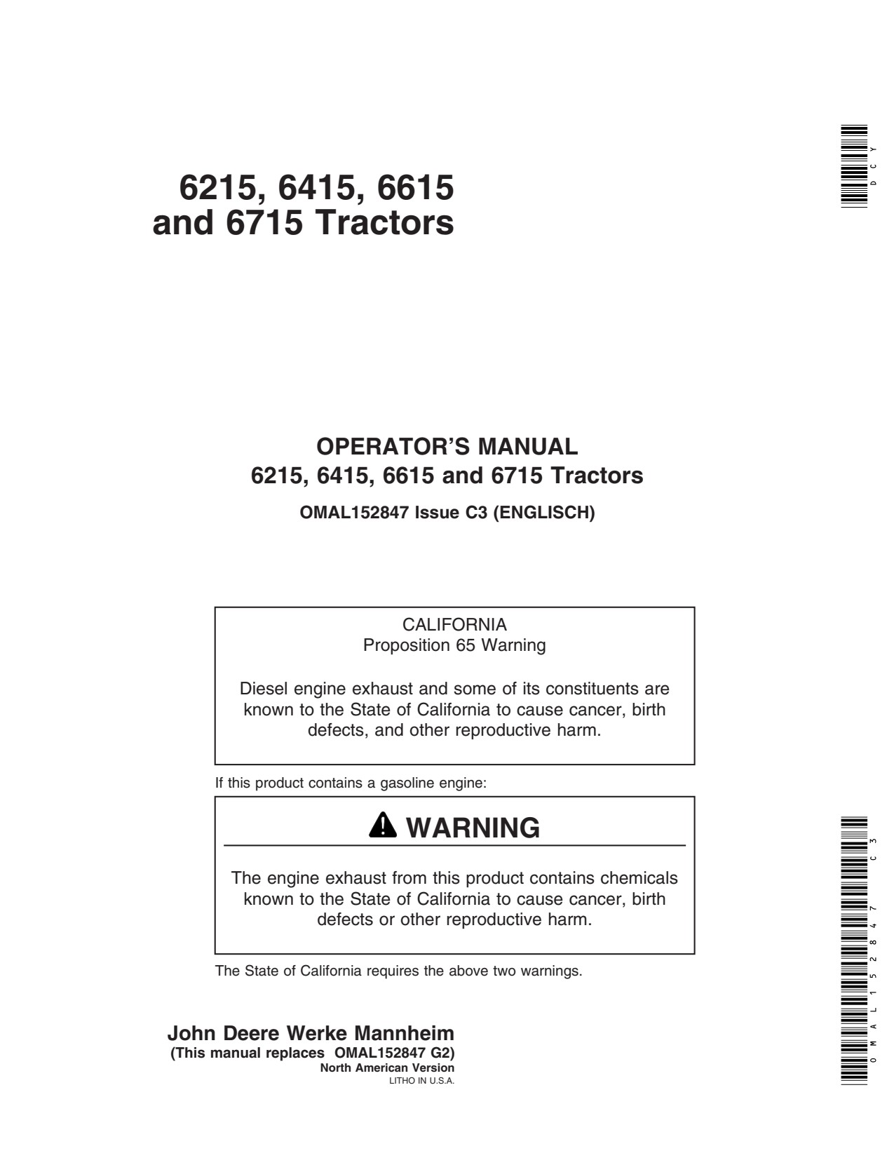 John Deere 6215 to 6615 6715 Tractor Operator Manual OMAL152847 1 John Deere 6215 to 6615 6715 Tractor Operator Manual OMAL152847