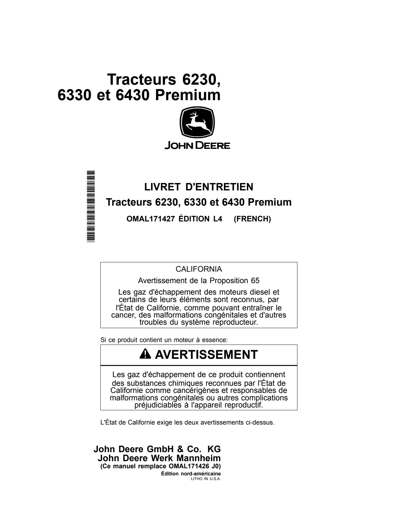 John Deere 6230 to 6430 Premium Tractor Operator Manual OMAL171427 FR 1 John Deere 6230 to 6430 Premium Tractor Operator Manual OMAL171427 FR
