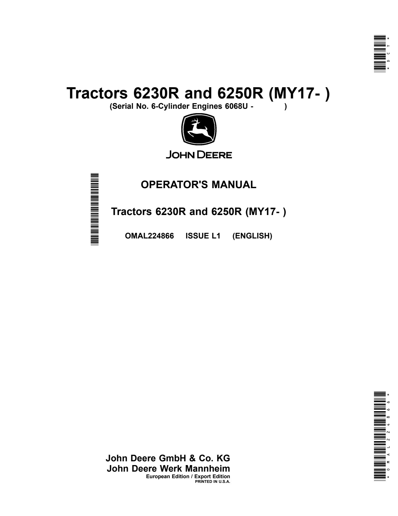 John Deere 6230R 6250R MY2017 6068U Tractor Operator Manual OMAL224866 1 John Deere 6230R 6250R MY2017 6068U Tractor Operator Manual OMAL224866