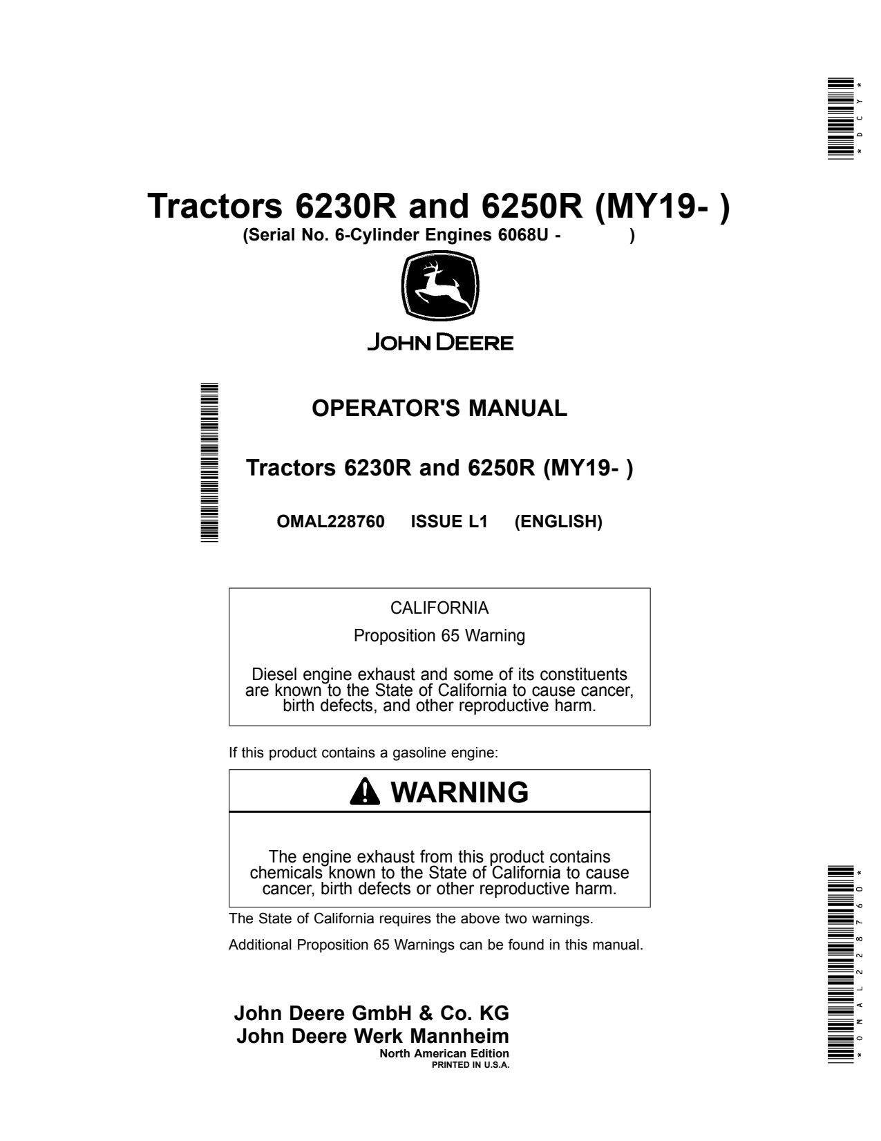 John Deere 6230R 6250R MY2019 6068U Tractor Operator Manual OMAL228760 1 John Deere 6230R 6250R MY2019 6068U Tractor Operator Manual OMAL228760