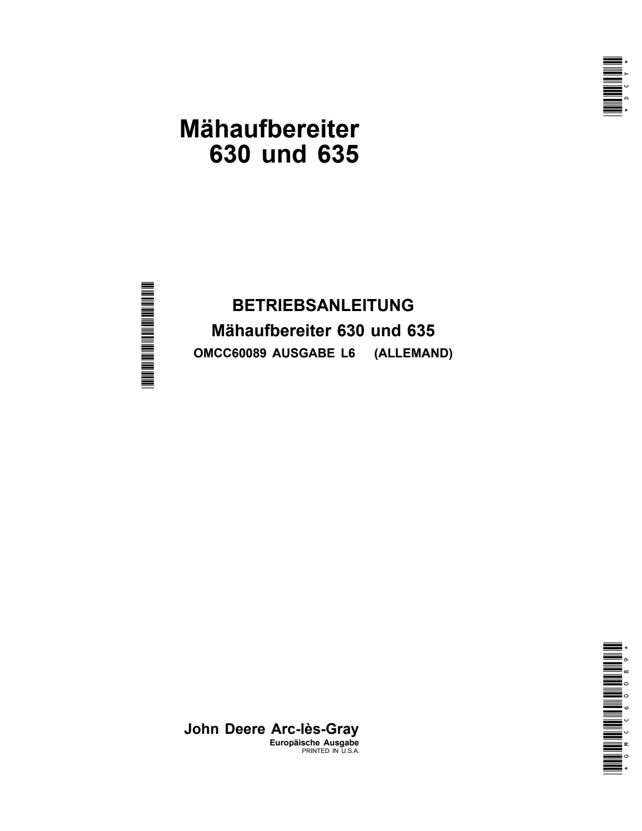 John Deere 630 635 Mower Conditioner Operator Manual OMCC60089 DE 1 John Deere 630 635 Mower Conditioner Operator Manual OMCC60089 DE