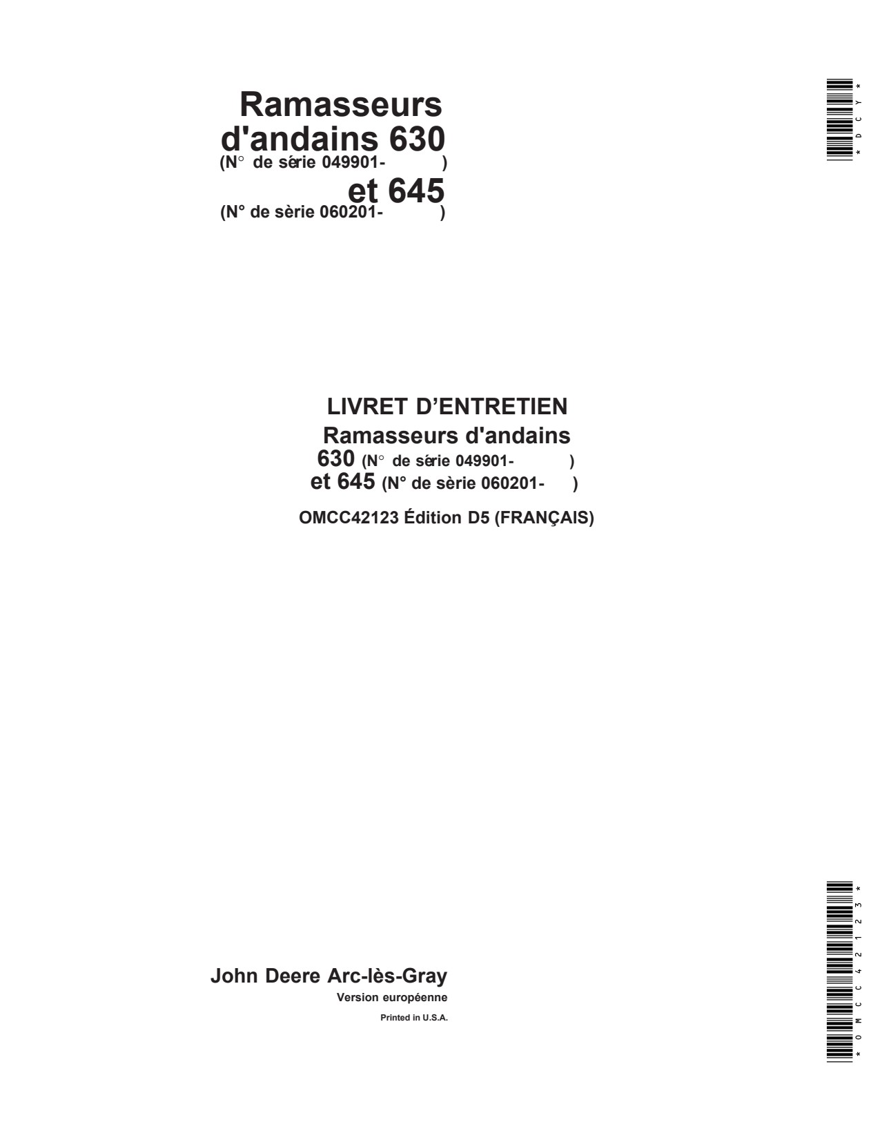 John Deere 630 645 Windrow Pickup Operator Manual OMCC42123 FR 1 John Deere 630 645 Windrow Pickup Operator Manual OMCC42123 FR