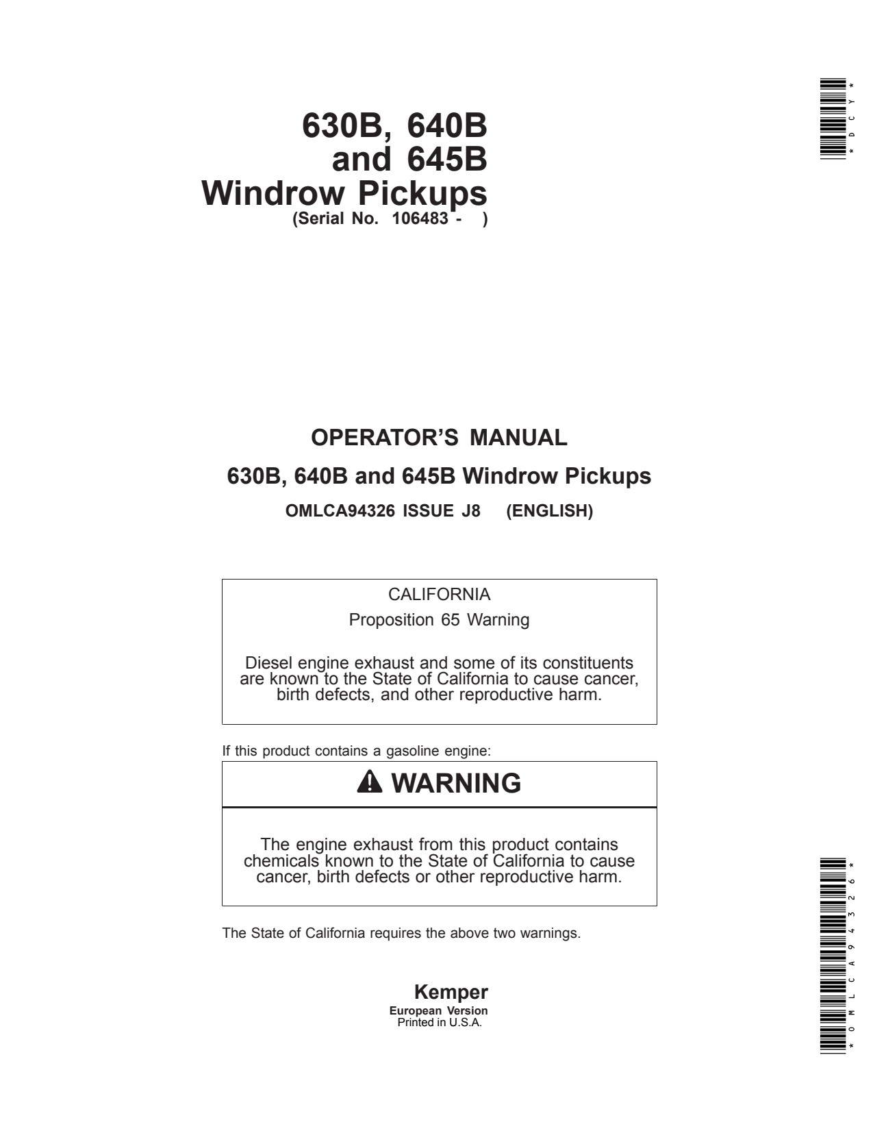 John Deere 630B 640B 645B Windrow Pickup Operator Manual OMLCA94326 1 John Deere 630B 640B 645B Windrow Pickup Operator Manual OMLCA94326