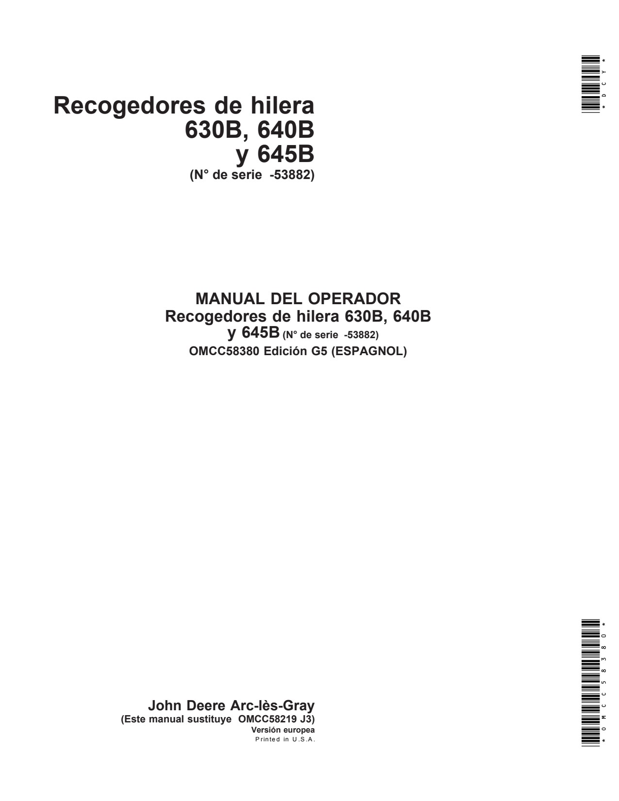 John Deere 630B 640B 645B Y645B Windrow Pickup Operator Manual OMCC58380 ES 1 John Deere 630B 640B 645B Y645B Windrow Pickup Operator Manual OMCC58380 ES