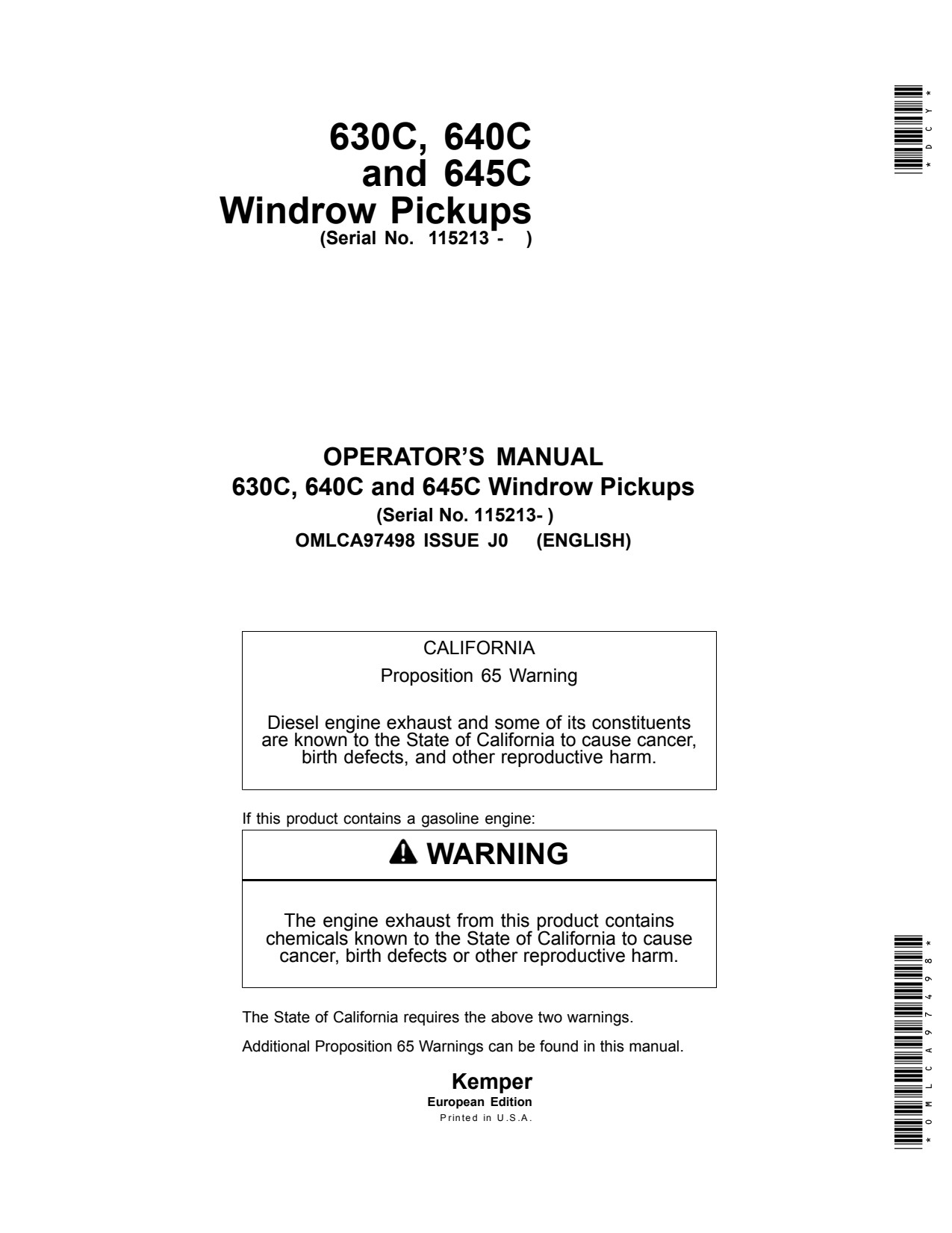 John Deere 630C 640C 645C Windrow Pickup Operator Manual OMLCA97498 1 John Deere 630C 640C 645C Windrow Pickup Operator Manual OMLCA97498