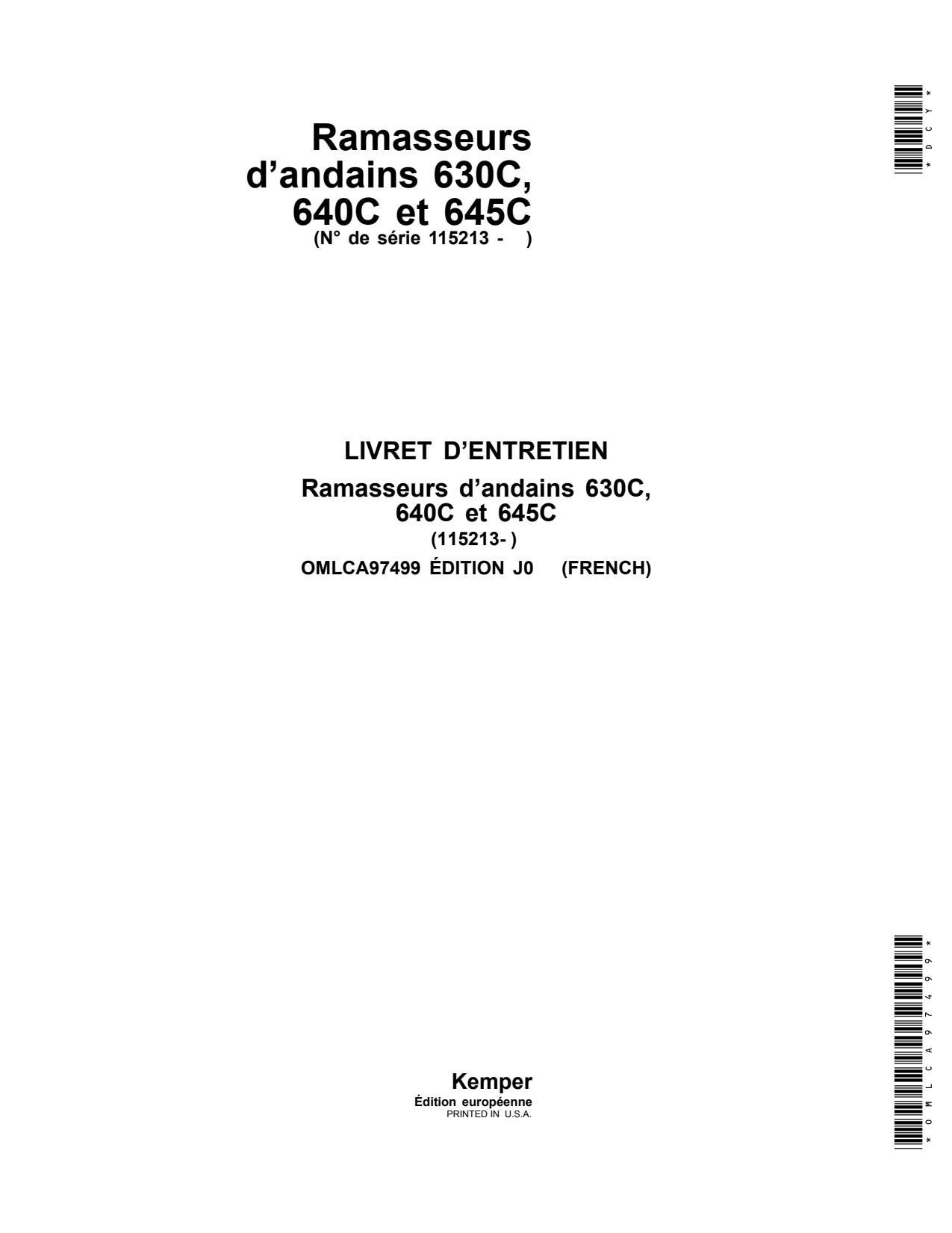 John Deere 630C 640C 645C Windrow Pickup Operator Manual OMLCA97499 FR 1 John Deere 630C 640C 645C Windrow Pickup Operator Manual OMLCA97499 FR