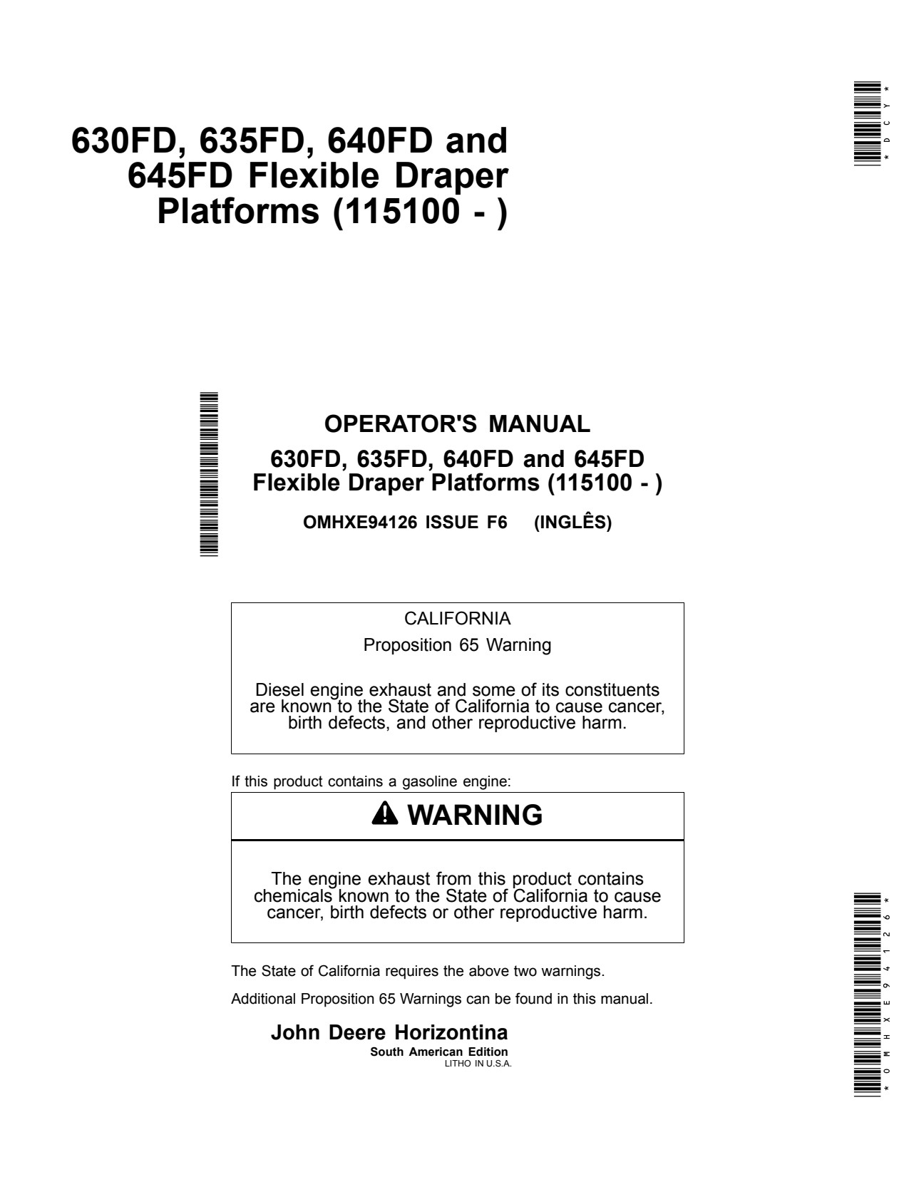 John Deere 630FD 635FD 640FD 645FD Flexible Header Platform Operator Manual OMHXE94126 1 John Deere 630FD 635FD 640FD 645FD Flexible Header Platform Operator Manual OMHXE94126