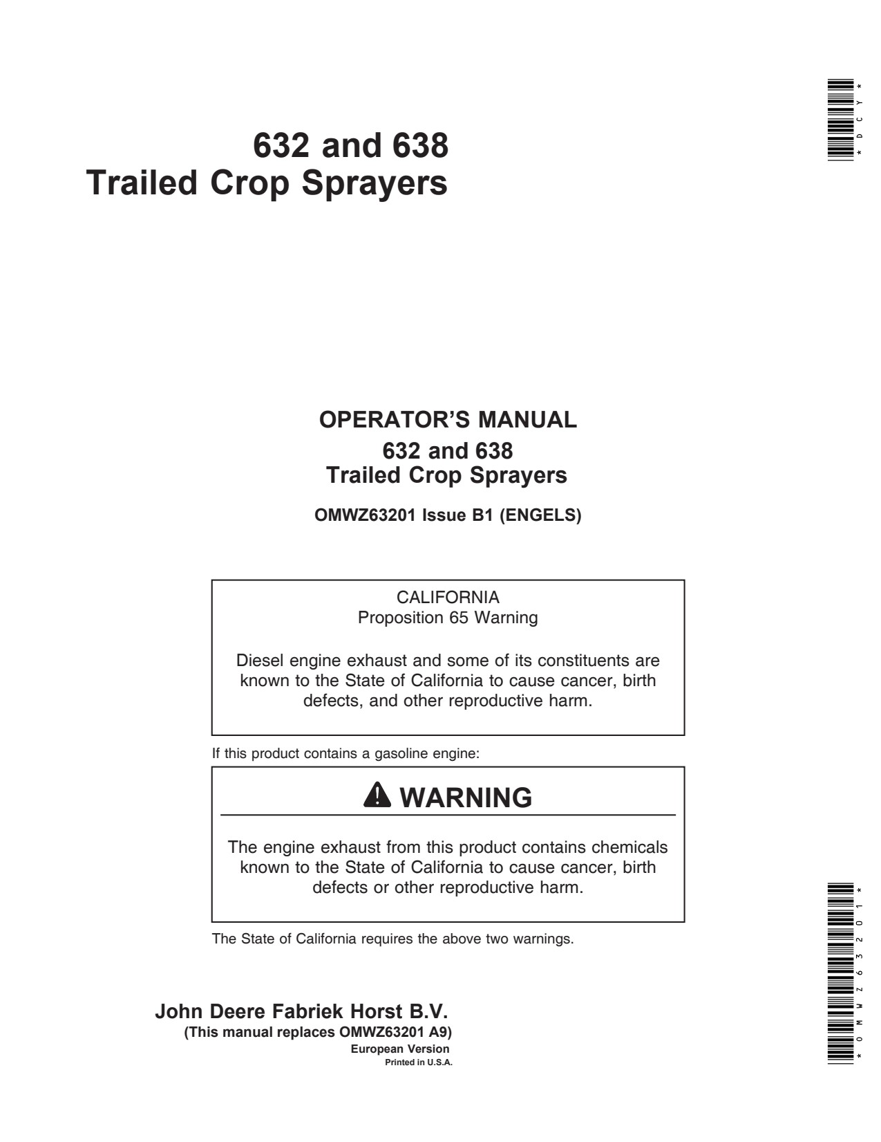 John Deere 632 638 Trailed Crop Sprayer Operator Manual OMWZ63201 1 John Deere 632 638 Trailed Crop Sprayer Operator Manual OMWZ63201