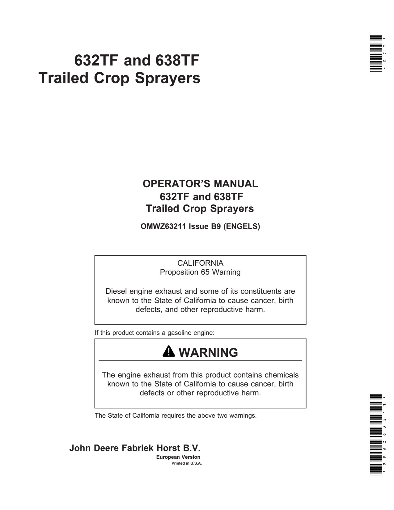 John Deere 632TF 638TF Trailed Crop Sprayer Operator Manual OMWZ63211 1 John Deere 632TF 638TF Trailed Crop Sprayer Operator Manual OMWZ63211