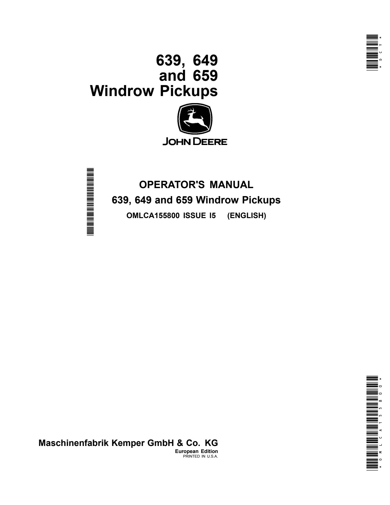 John Deere 639 to 659 Windrow Pickup Operator Manual OMLCA155800 1 John Deere 639 to 659 Windrow Pickup Operator Manual OMLCA155800