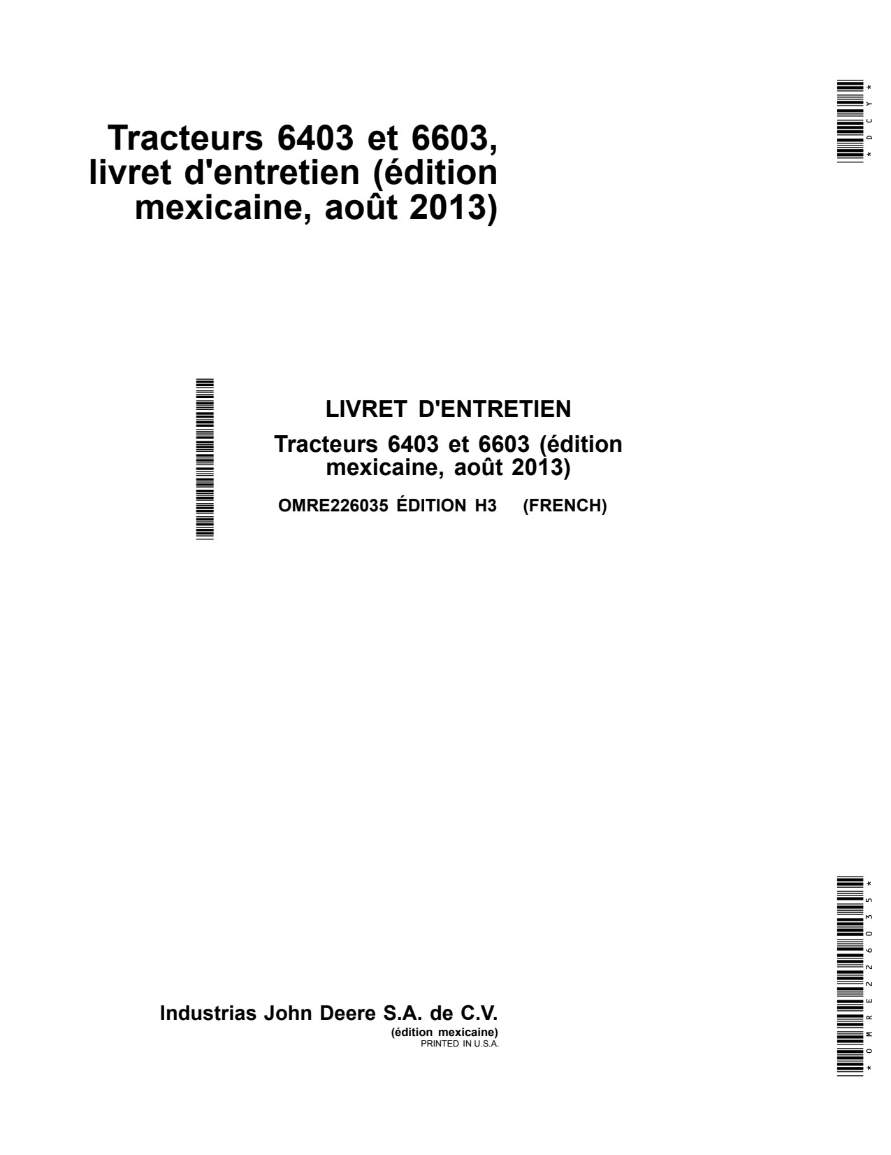 John Deere 6403 6603 Tractor Operator Manual OMRE226035 FR 1 John Deere 6403 6603 Tractor Operator Manual OMRE226035 FR