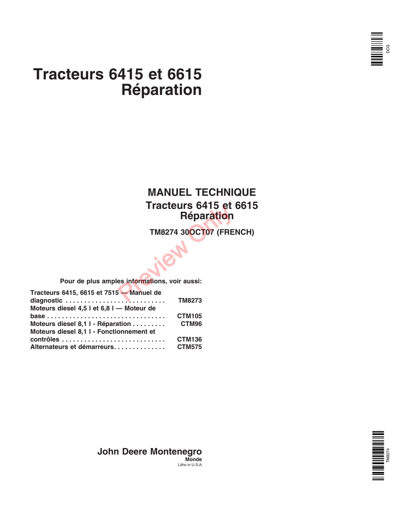 John Deere 6415 6615 Tractor Repair Technical Manual TM8274 FR 1 John Deere 6415 6615 Tractor Repair Technical Manual TM8274 FR