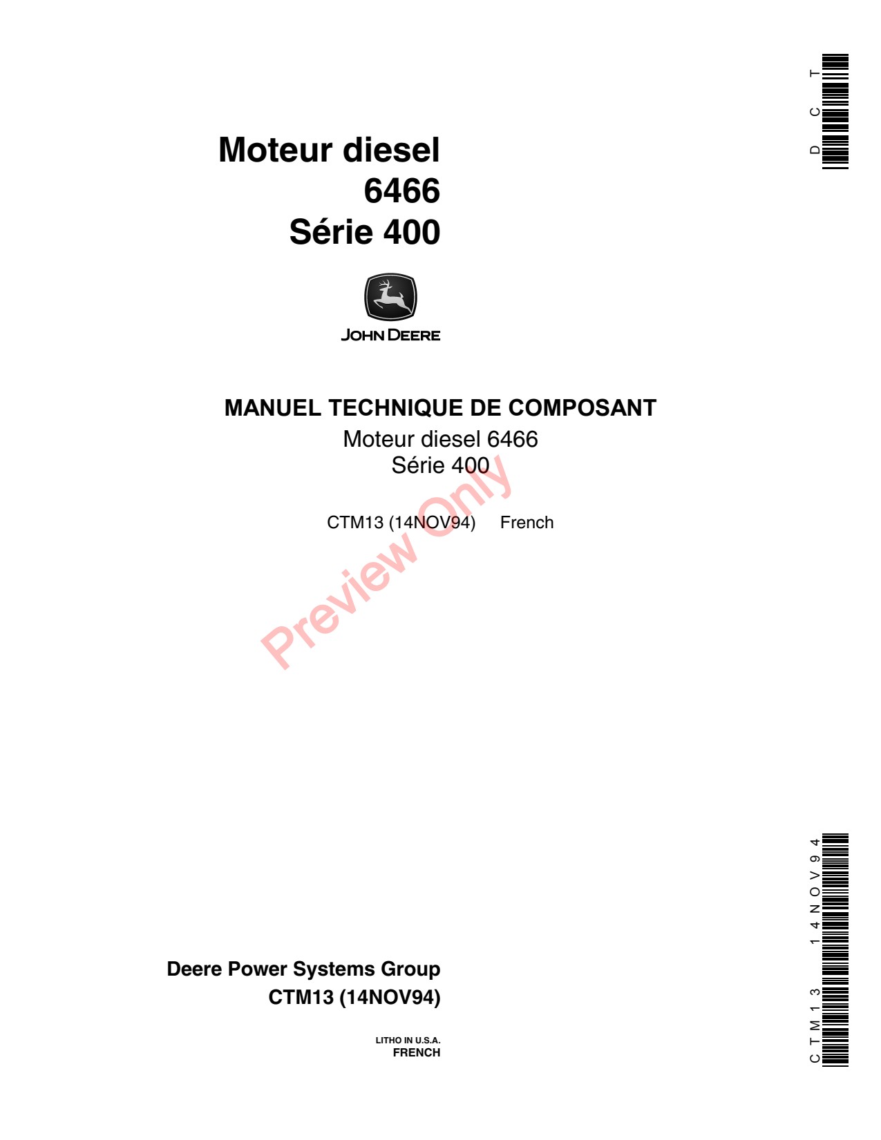 John Deere 6466 400 Diesel Engine Component Technical Manual CTM13 FR