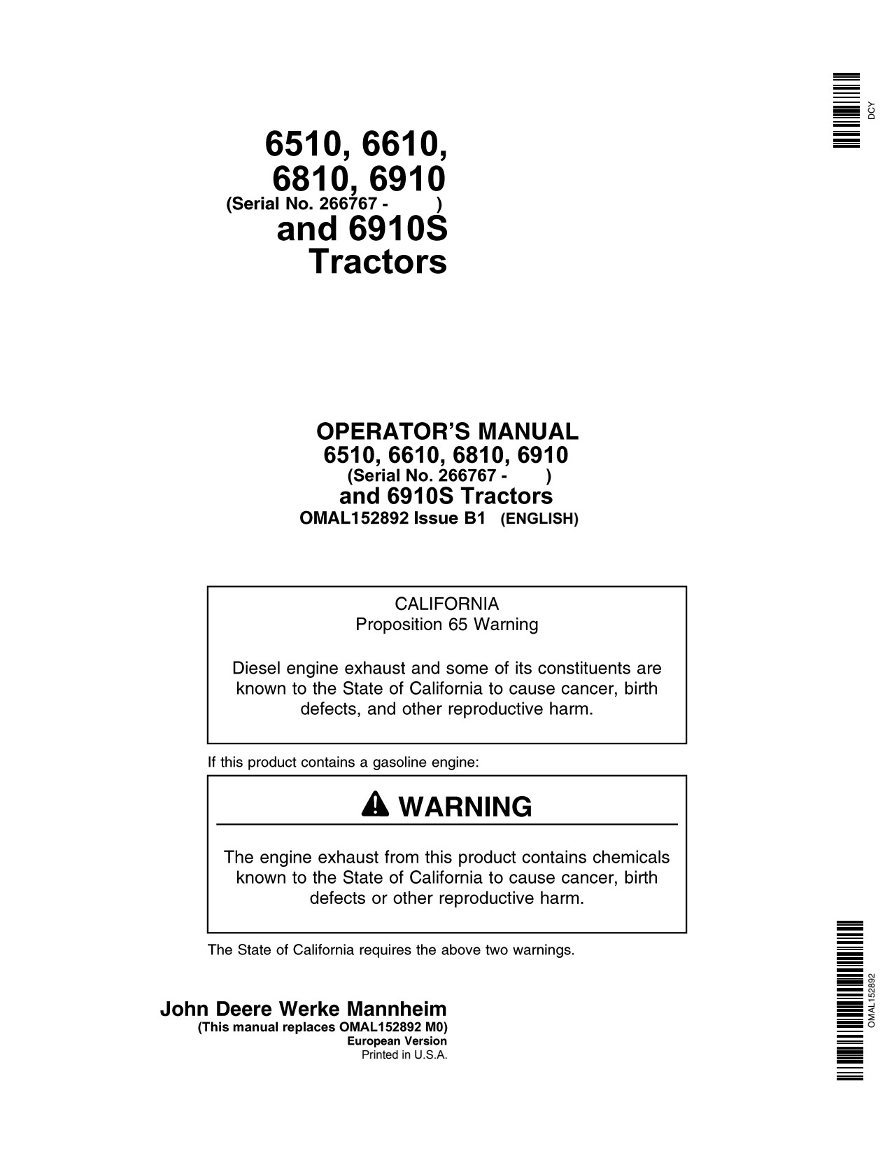 John Deere 6510 6610 6810 6910 6910S Tractor Operator Manual OMAL152892 1 John Deere 6510 6610 6810 6910 6910S Tractor Operator Manual OMAL152892