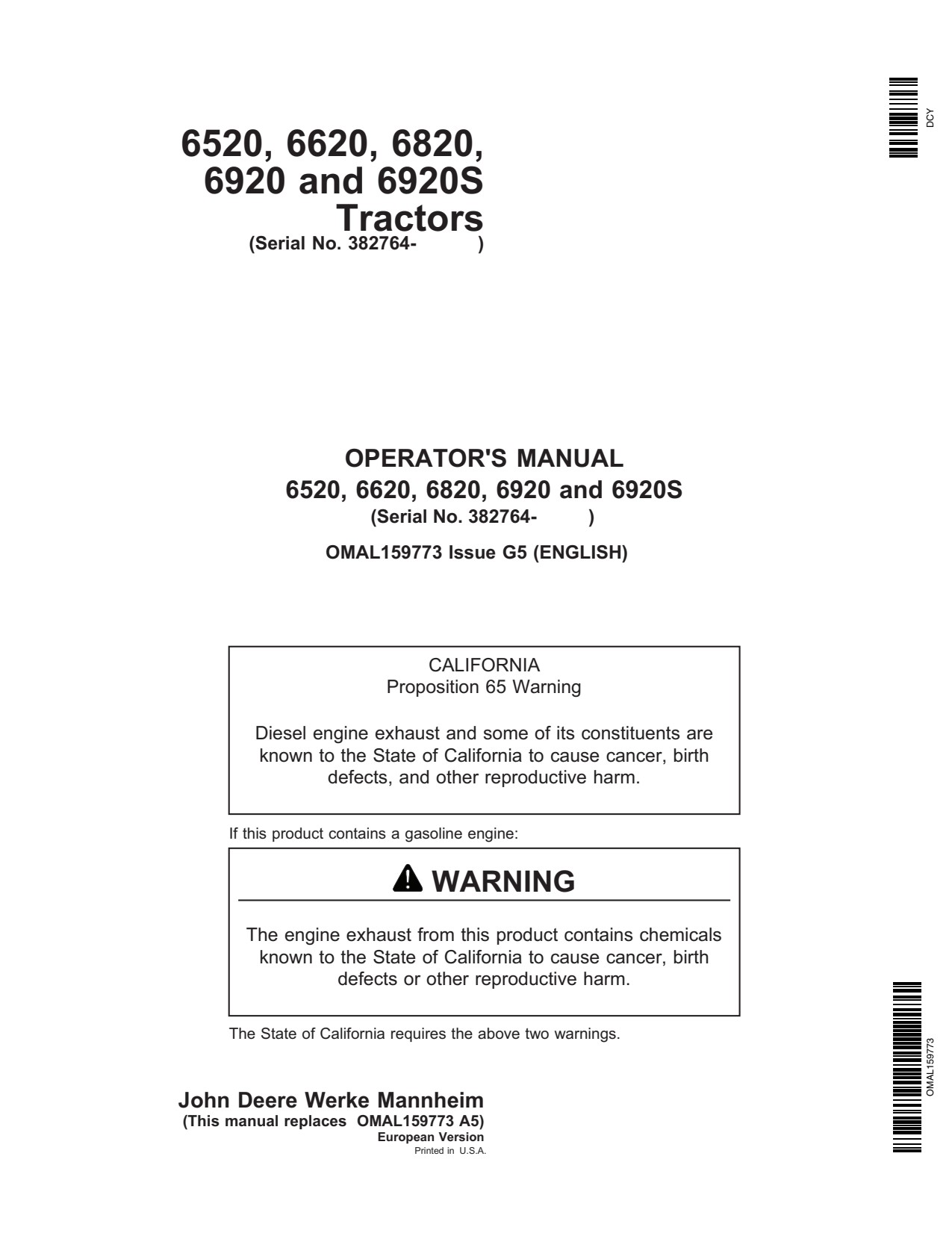John Deere 6520 6620 6820 6920 6920S Tractor Operator Manual OMAL159773 1 John Deere 6520 6620 6820 6920 6920S Tractor Operator Manual OMAL159773