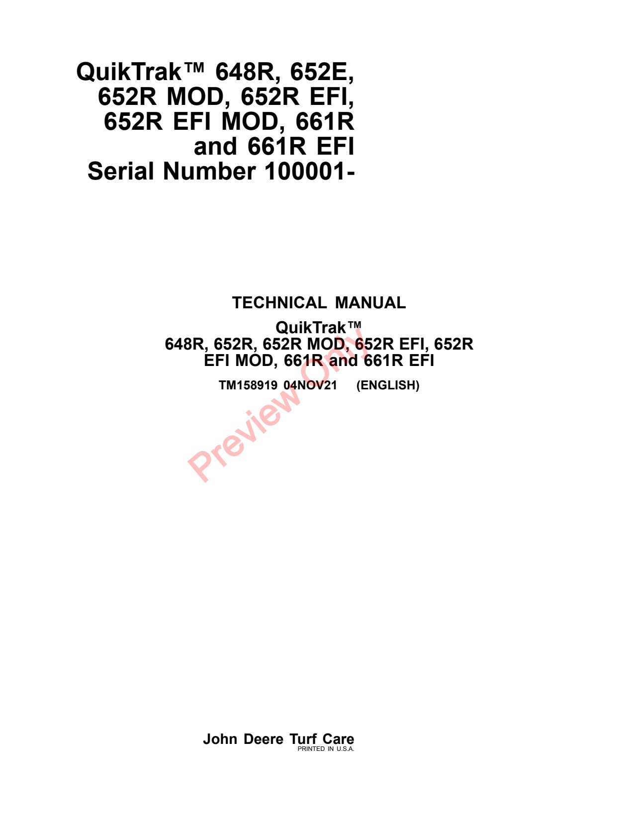 John Deere 652E 652R EFI MOD 661R 648R Stand-on Mower Technical Manual TM158919 1 John Deere 652E 652R EFI MOD 661R 648R Stand-on Mower Technical Manual TM158919