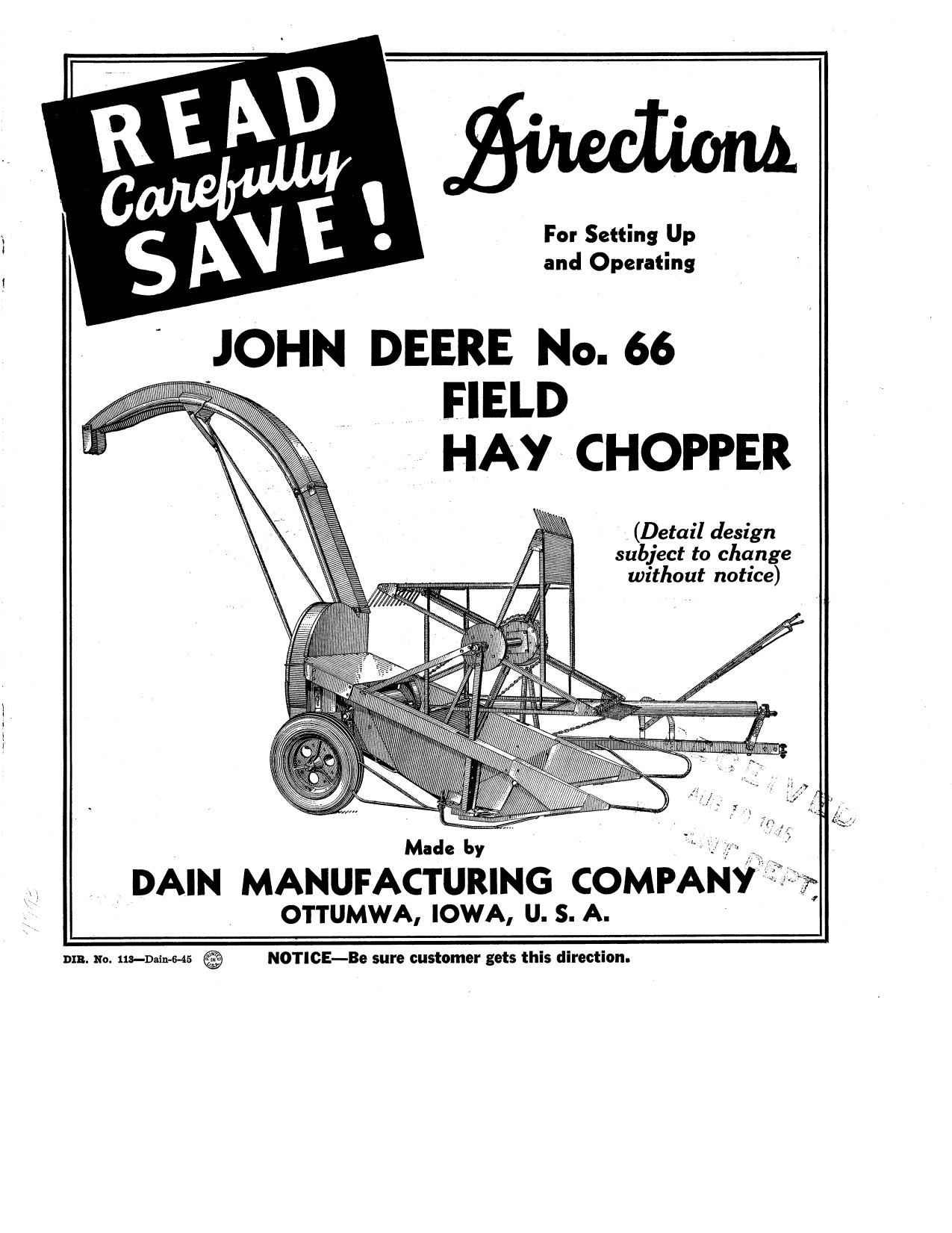 John Deere 66 Sugar Silage Chopper Operator Manual DIR113 1 John Deere 66 Sugar Silage Chopper Operator Manual DIR113