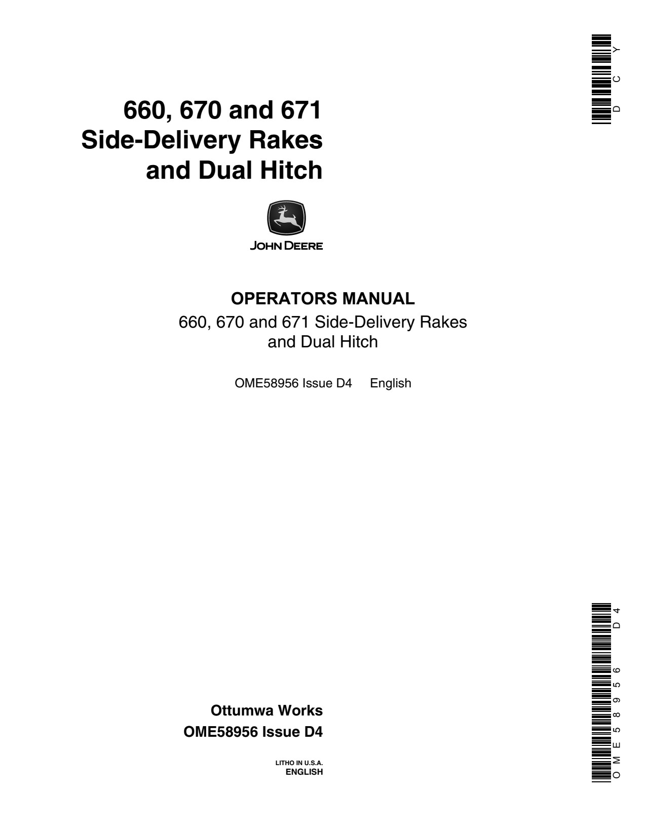 John Deere 660 670 671 Side-delivery Rake Operator Manual OME58956 1 John Deere 660 670 671 Side-delivery Rake Operator Manual OME58956
