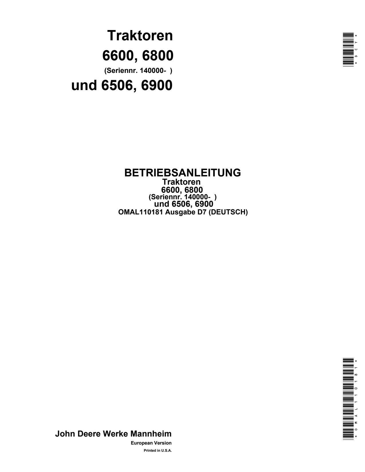 John Deere 6600 6800 6506 6900 3800 Tractor Operator Manual OMAL110181 DE 1 John Deere 6600 6800 6506 6900 3800 Tractor Operator Manual OMAL110181 DE