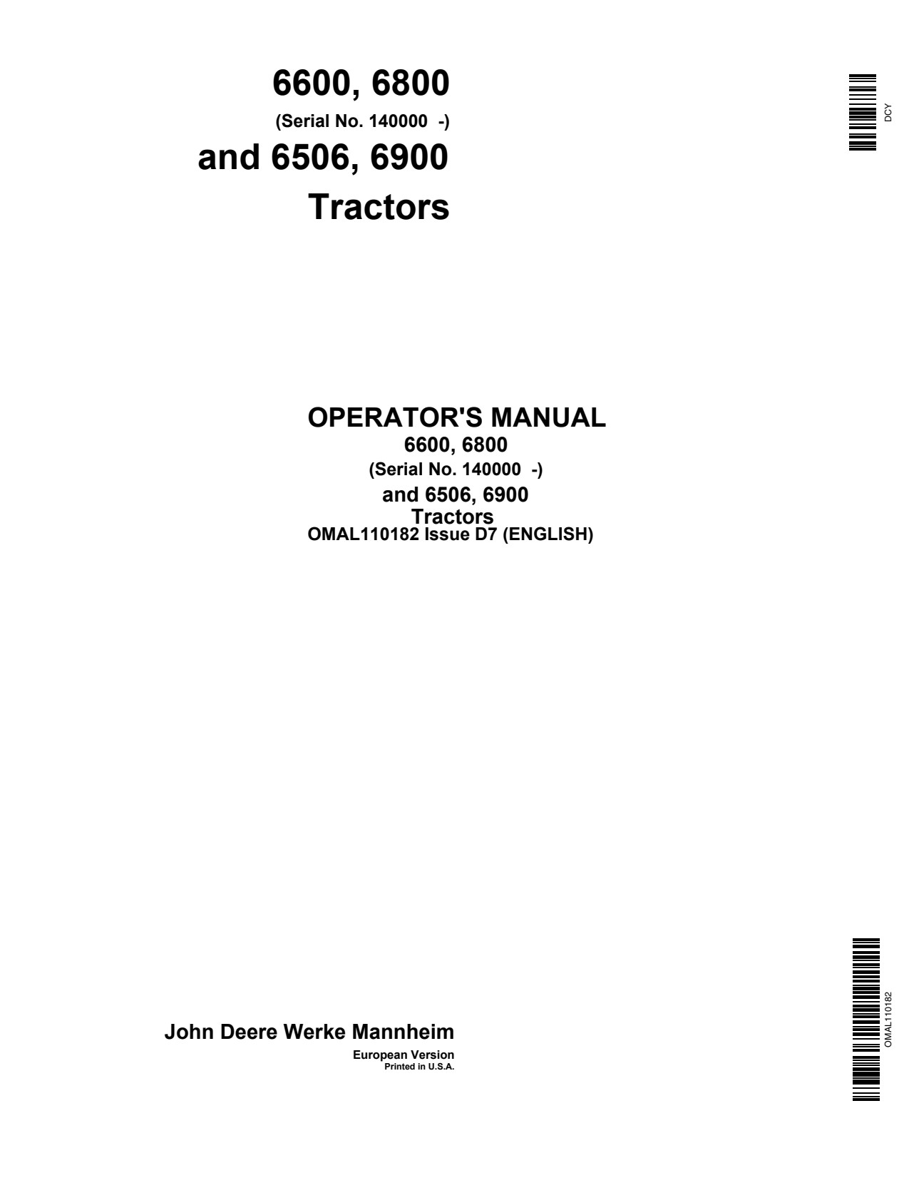 John Deere 6600 6800 6506 6900 3800 Tractor Operator Manual OMAL110182 1 John Deere 6600 6800 6506 6900 3800 Tractor Operator Manual OMAL110182
