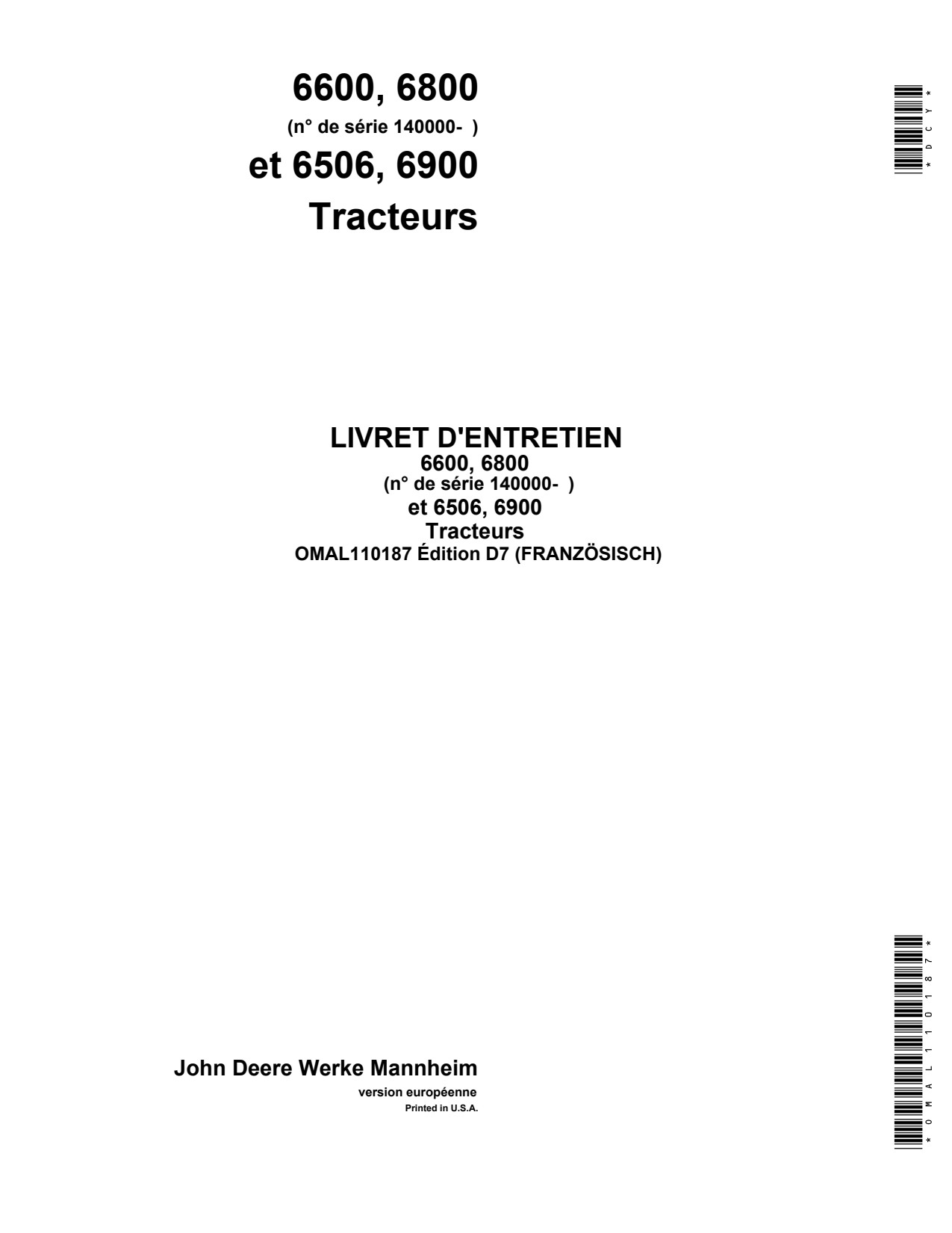 John Deere 6600 6800 6506 6900 3800 Tractor Operator Manual OMAL110187 FR 1 John Deere 6600 6800 6506 6900 3800 Tractor Operator Manual OMAL110187 FR