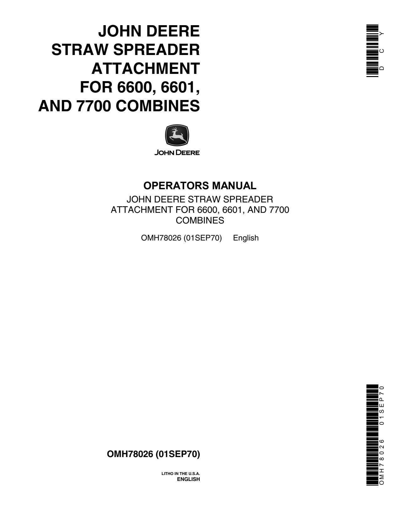 John Deere 6600 7700 JD 6601 Straw Spreader Attachment Operator Manual OMH78026 1 John Deere 6600 7700 JD 6601 Straw Spreader Attachment Operator Manual OMH78026