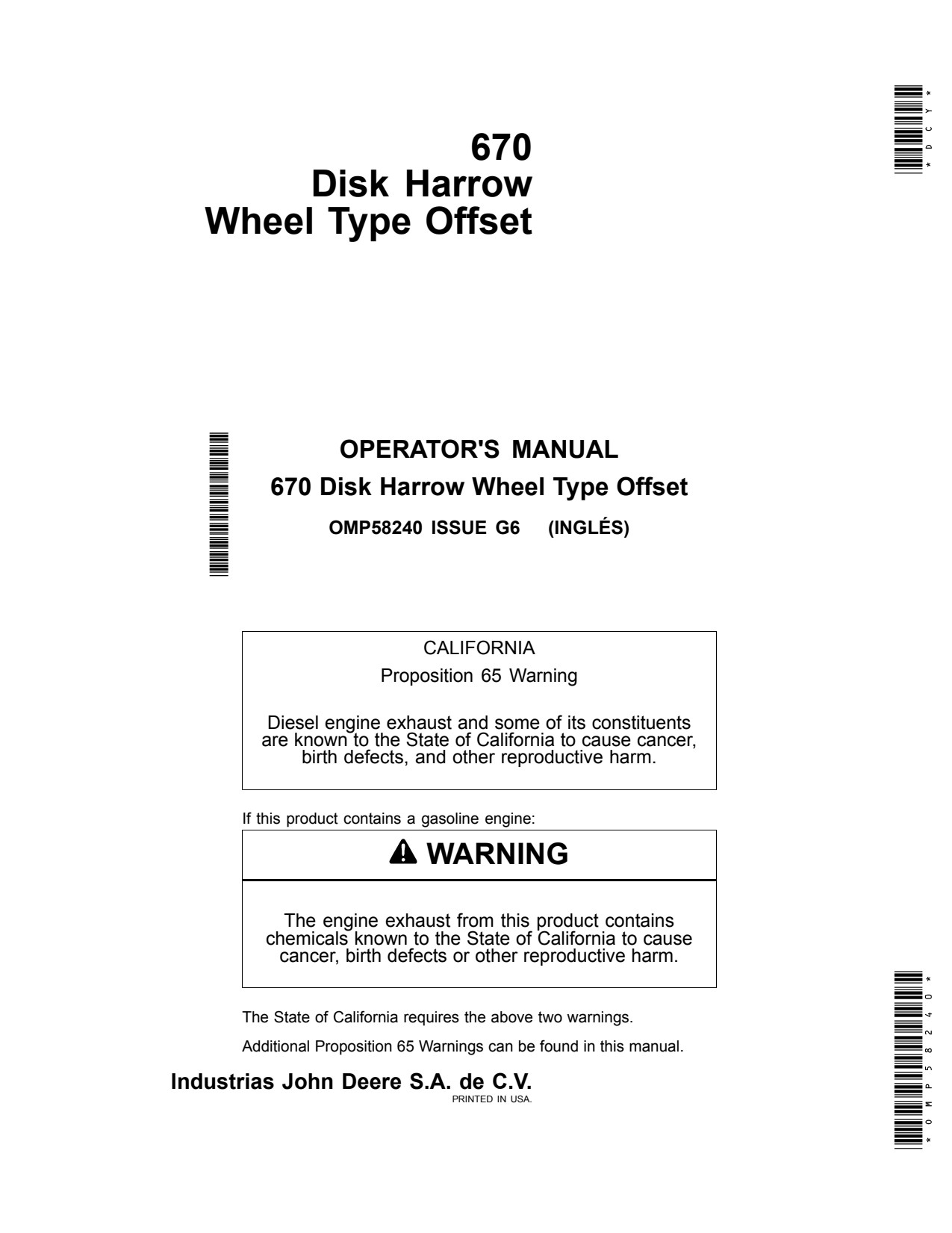 John Deere 670 Disk Harrow Operator Manual OMP58240 1 John Deere 670 Disk Harrow Operator Manual OMP58240