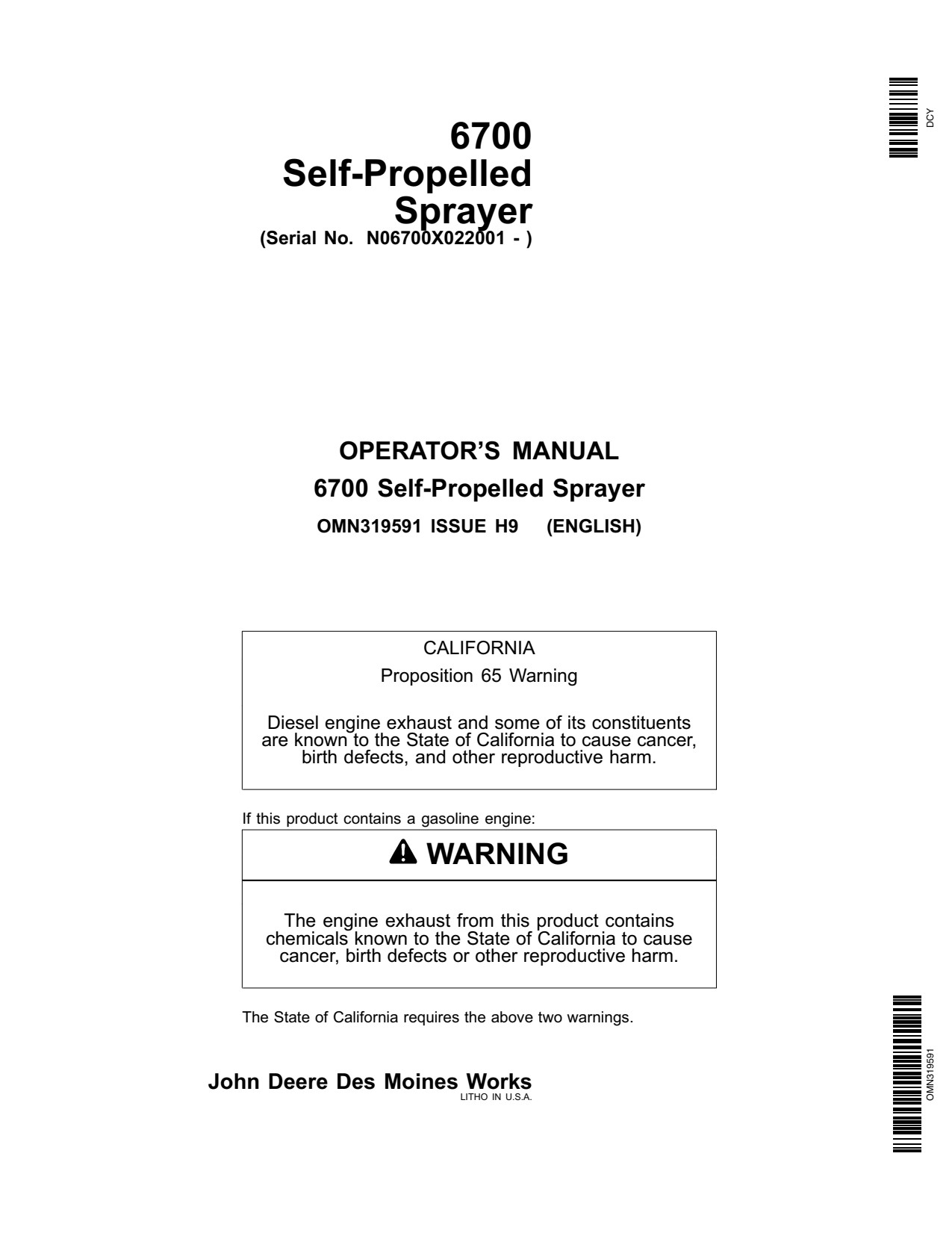 John Deere 6700 Self-Propelled Sprayer Operator Manual OMN319591 1 John Deere 6700 Self-Propelled Sprayer Operator Manual OMN319591